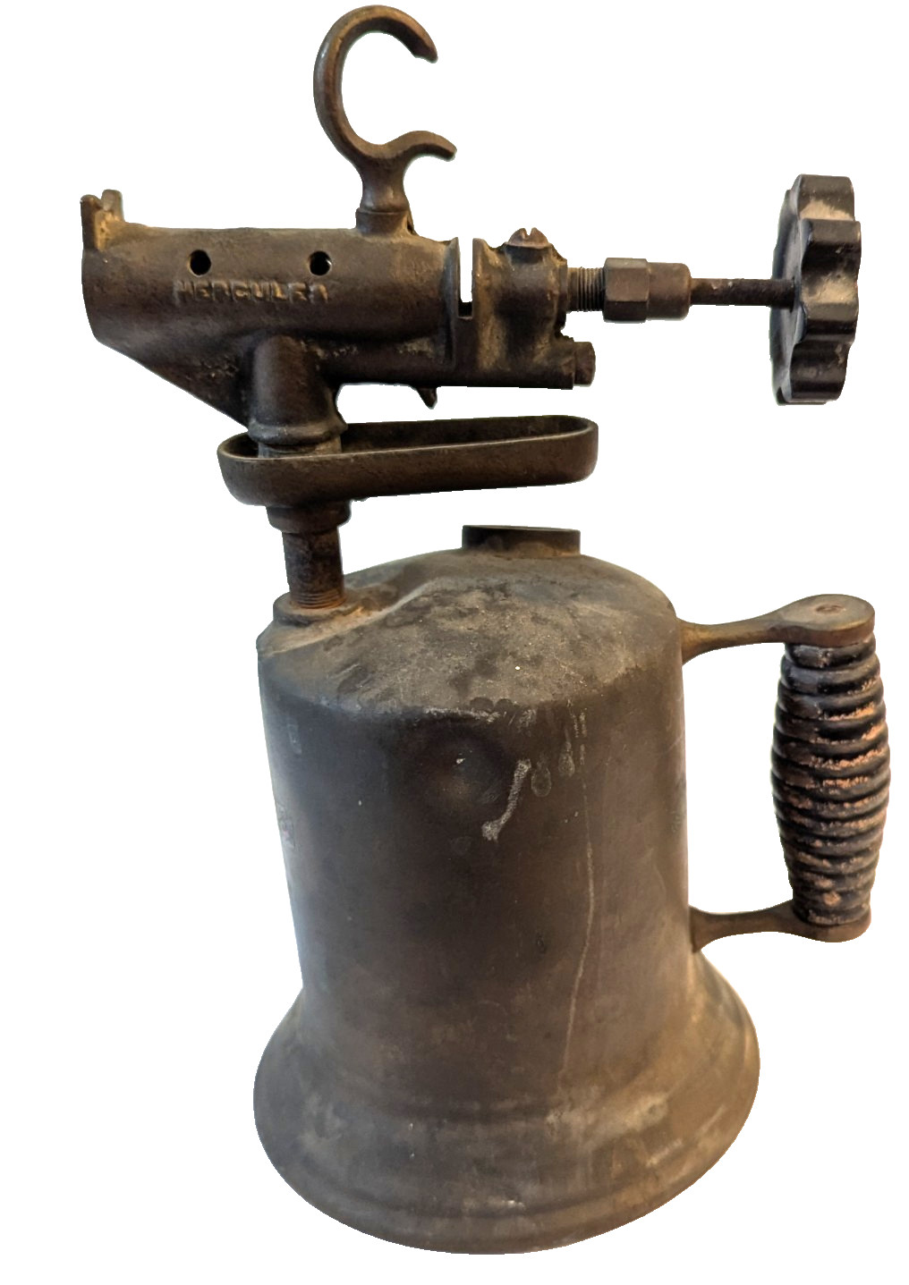 Collectible -c1930s-Antique Brass Hand Held Blow Torch-Spiral Wodden Handle-12"T