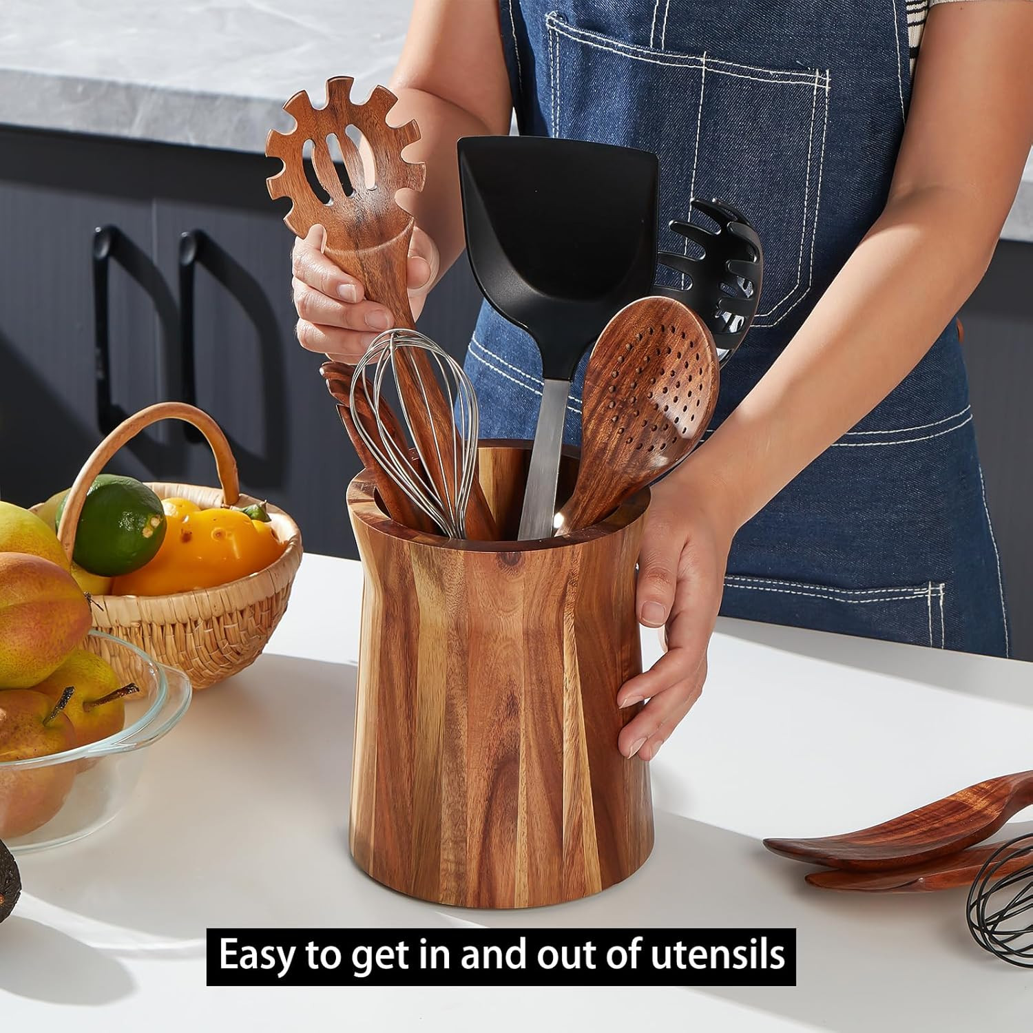 Wooden Utensil Holder for Countertop, 360° Rotating Kitchen Utensil Holder, 7...