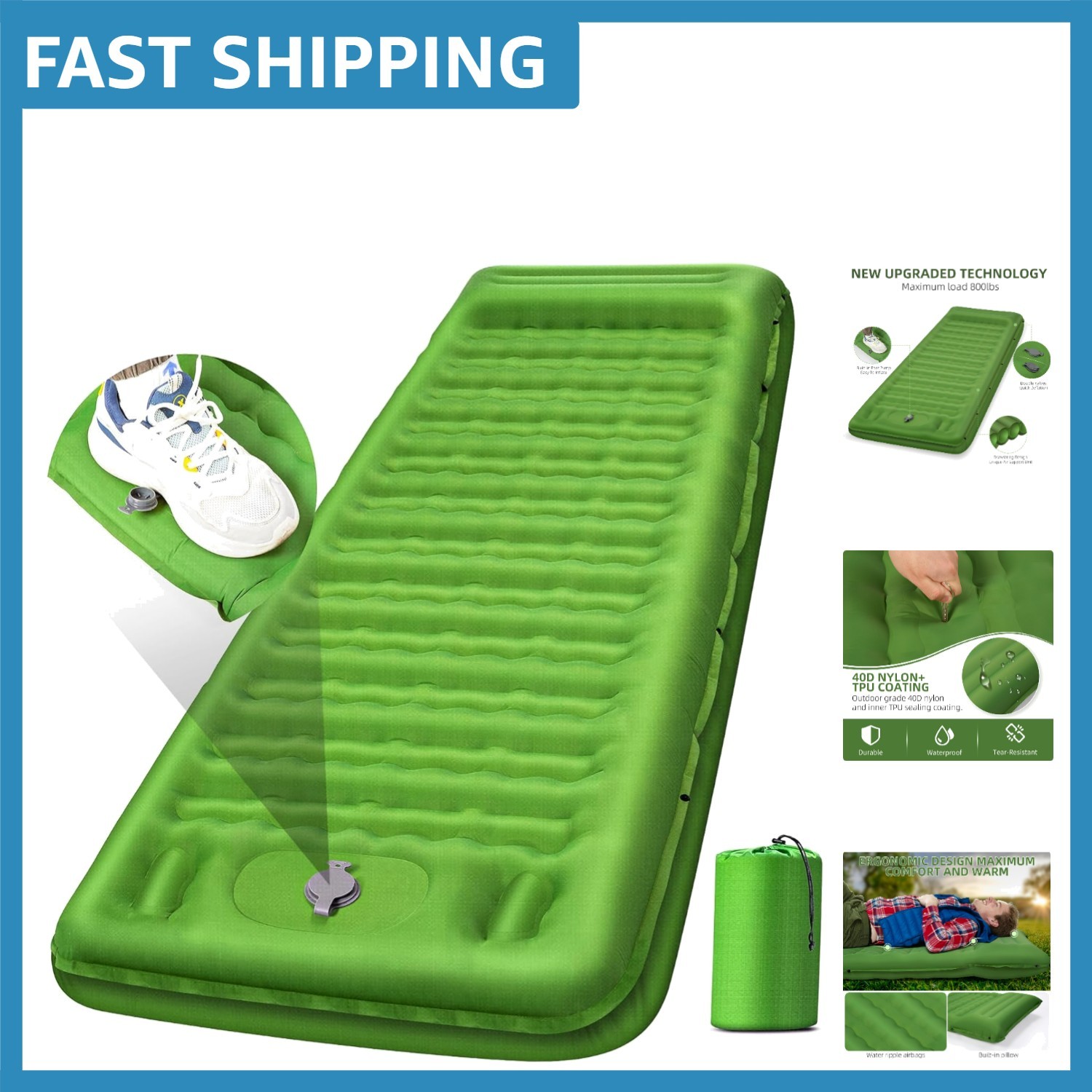 Compact Inflatable Sleeping Pad, 5-Inch Thick with Integrated Pillow for Camping