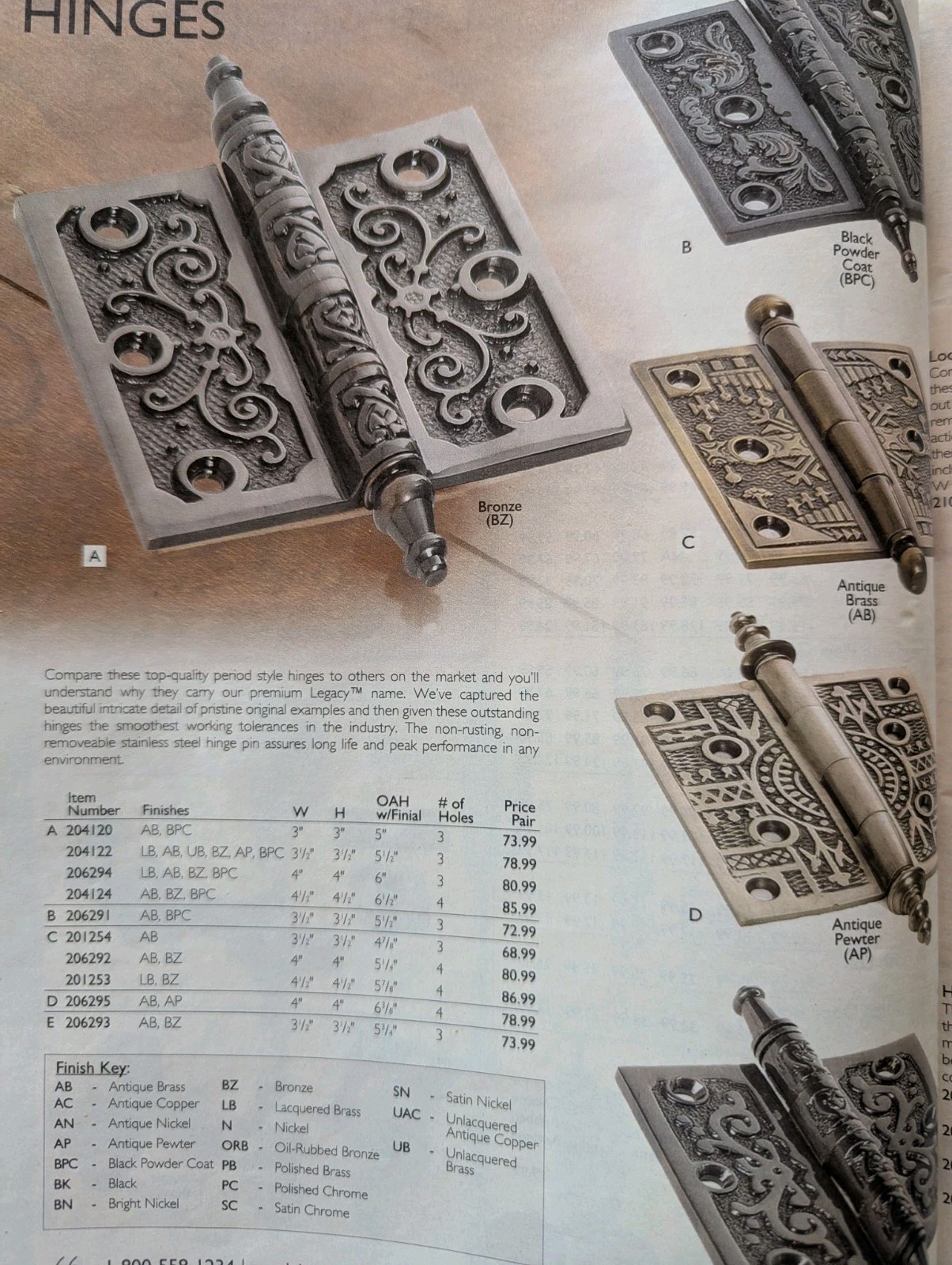 NEW Solid Brass Door Hinges 4 inch *Van Dyke's Restorers Vine Design -Hand Cast