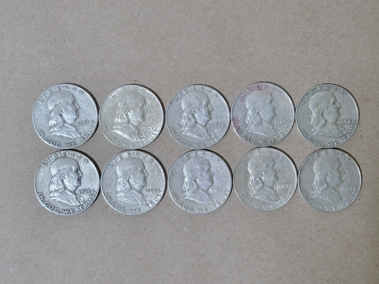 Lot of 10 Franklin Half Dollar Coins - 90% Silver - 1963 and Prior - Circulated
