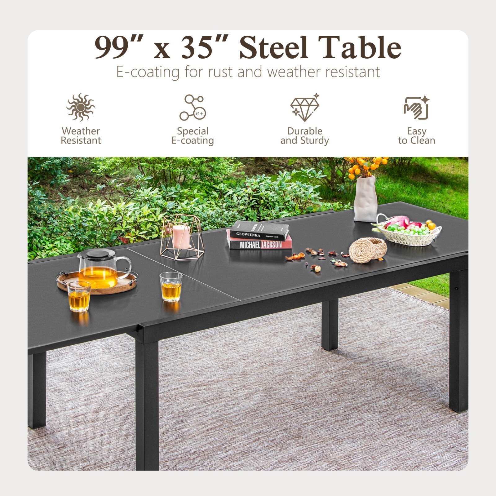 Expandable Patio Dining Table Metal Rectangular Outdoor Table for Garden Porch