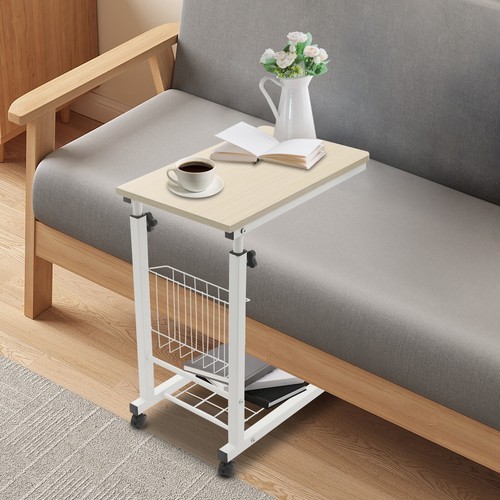 Height Adjustable Side Table With Wheels 2 Tier C Shaped Mobile Standalone Table