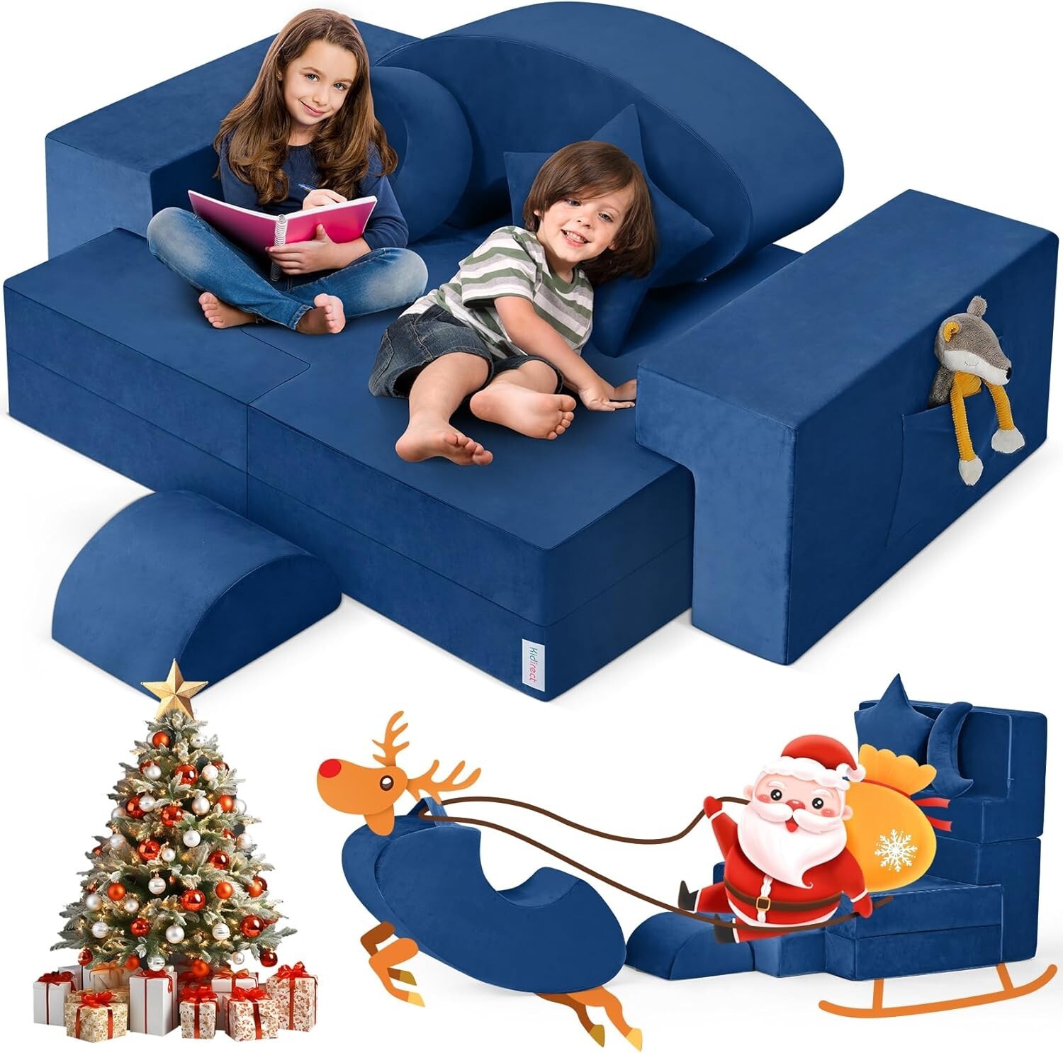 Modular Kids Play Couch - Safe Washable Velvet & Convertible Rocking Horse