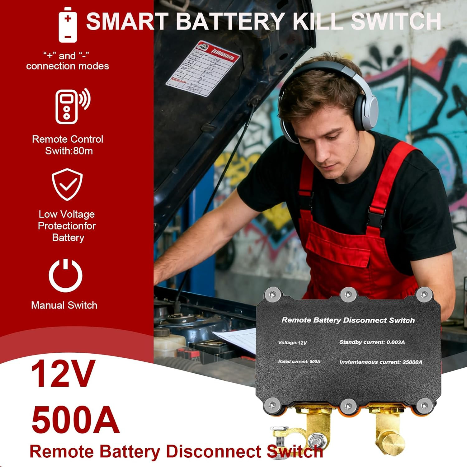 500A Smart Remote Battery Disconnect Switch 12V - Quick Kill Switch for Car, Ant