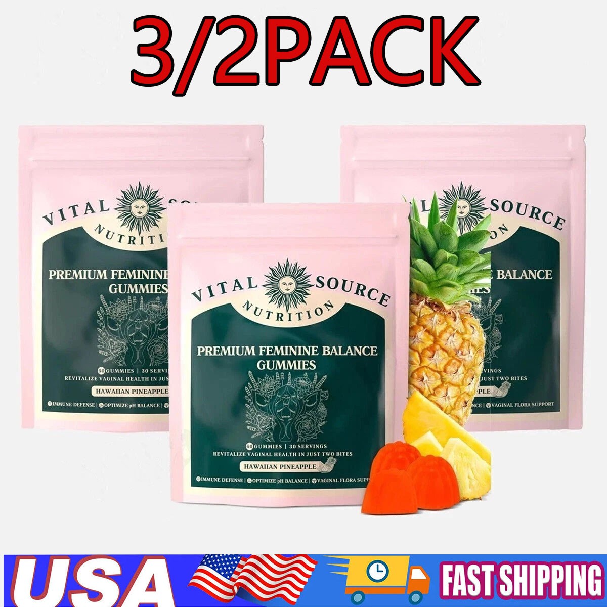 3/2Pack Vital Source Feminine Balance Gummies Hawaiian Pineapple