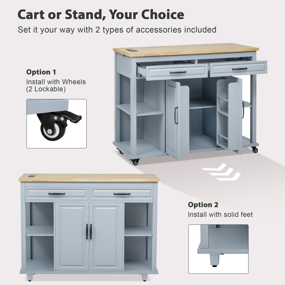 47-inch Kitchen Island w/ Extendable Table, Storage, Outlet - Grey Blue