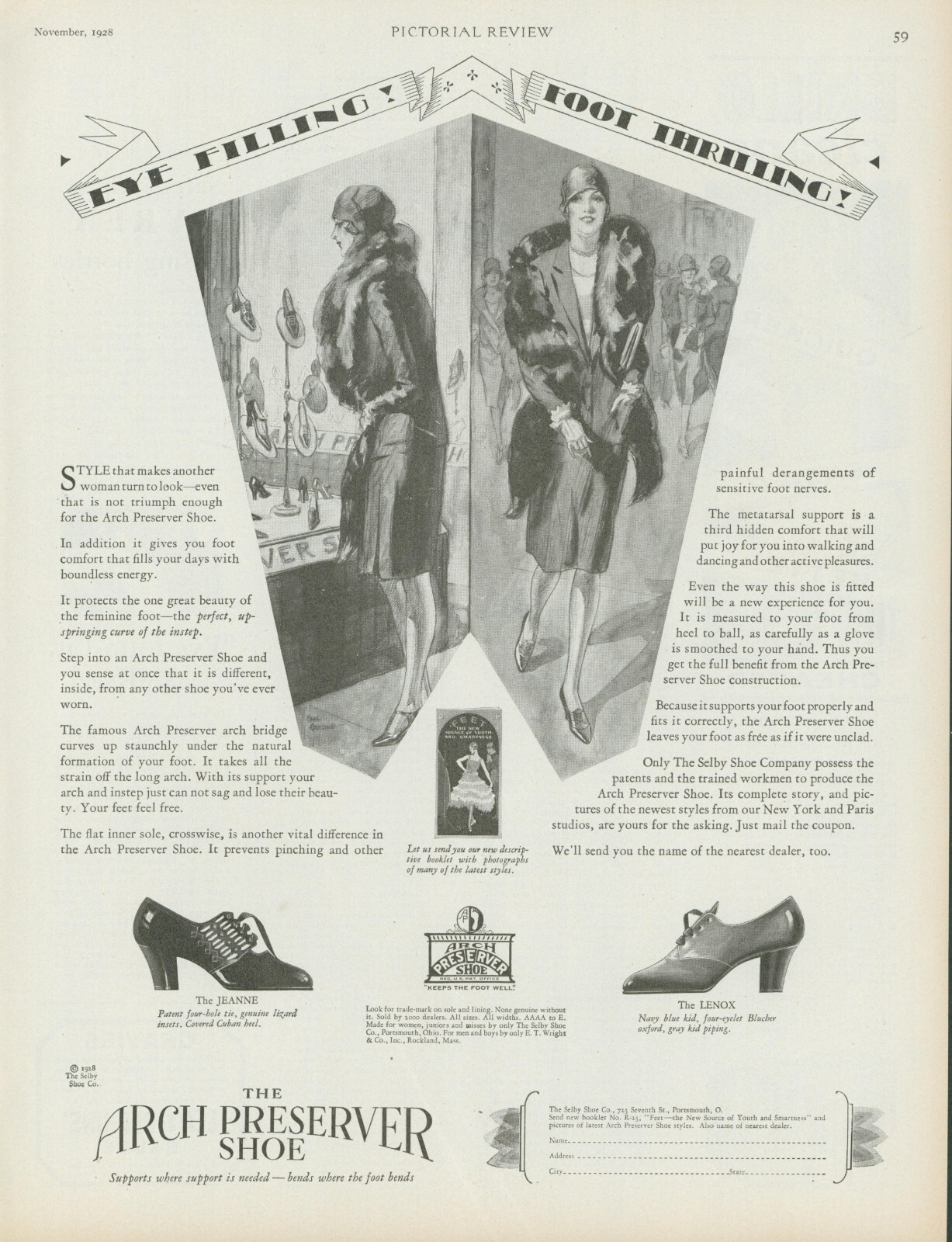 1928 Arch Preserver Shoe Stylish Woman Fur Stole Window Shop Vtg Print Ad PR3