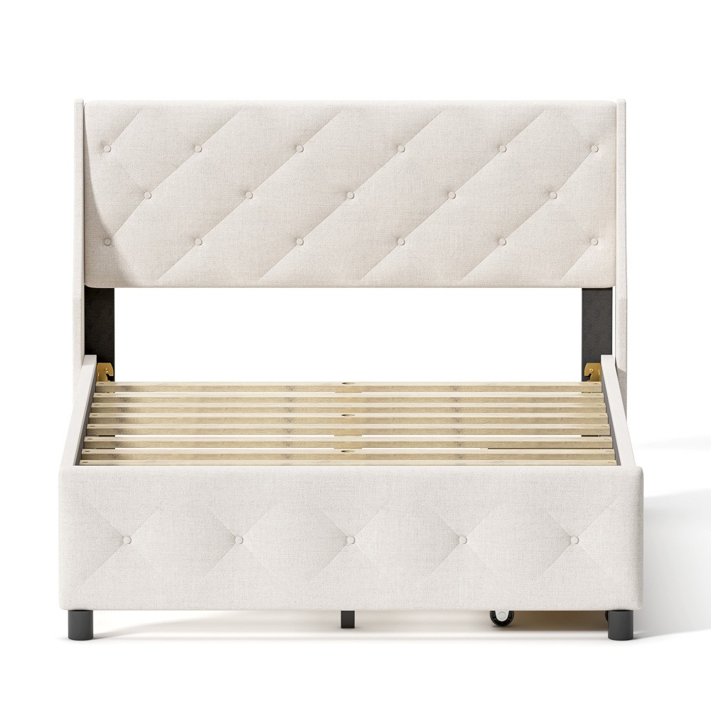 Queen Bed Frame with Storage Headboard and Drawers, Strong Metal Slats