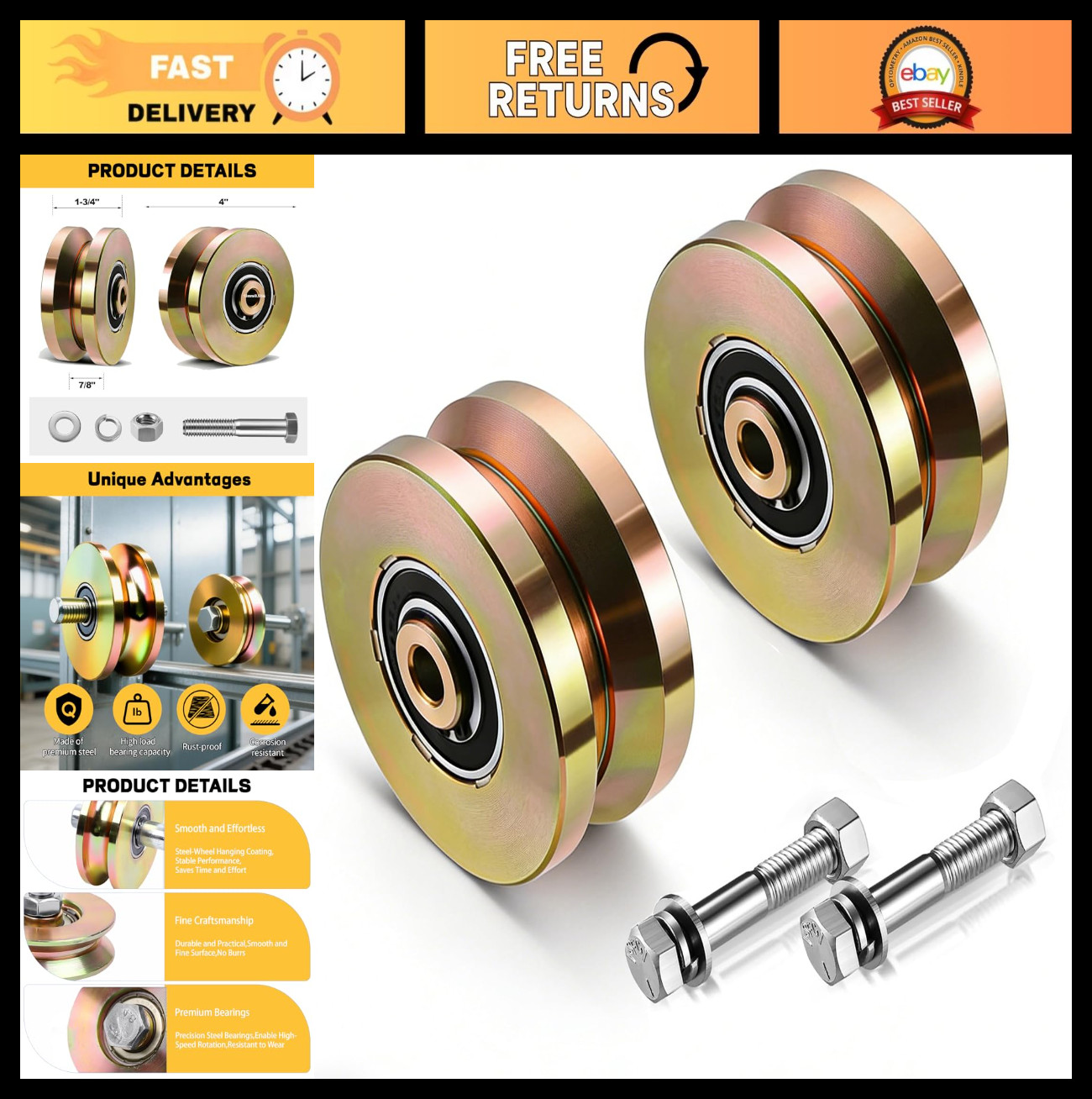 4" Heavy Duty Sliding Gate Rollers - V Groove Wheels, 3300 Lbs Capacity, 1-3/4"