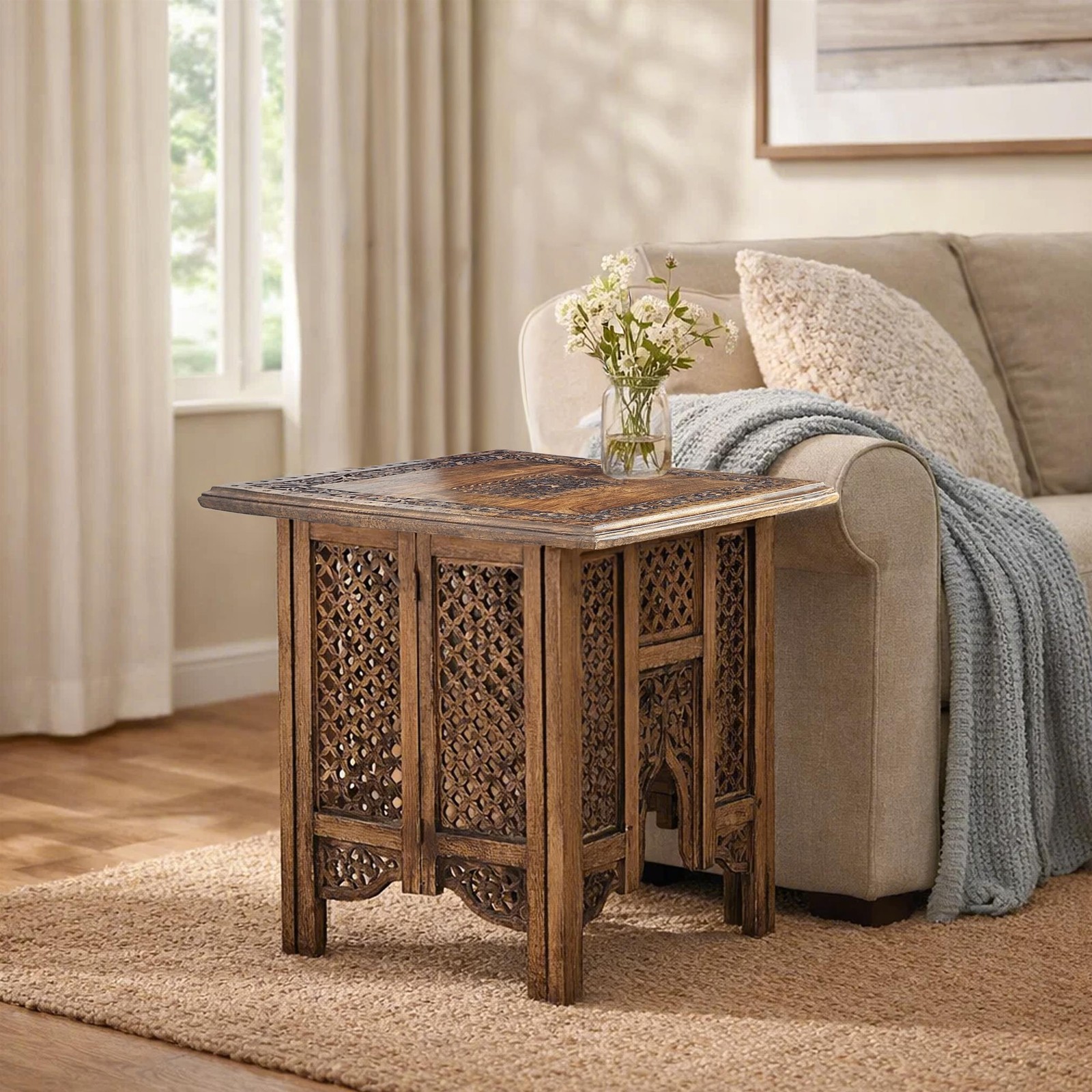21 Inch Boho Side End Table- Floral Carved Details- Foldable Panel Legs