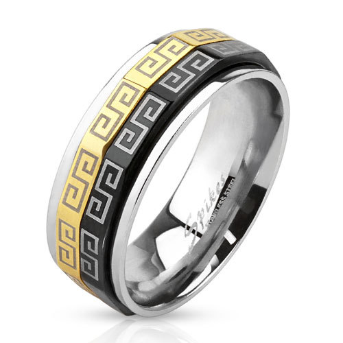 Men's Ring Steel Mechanical Nuts Black & Gold Plated Anti-Stress Greek Motifs