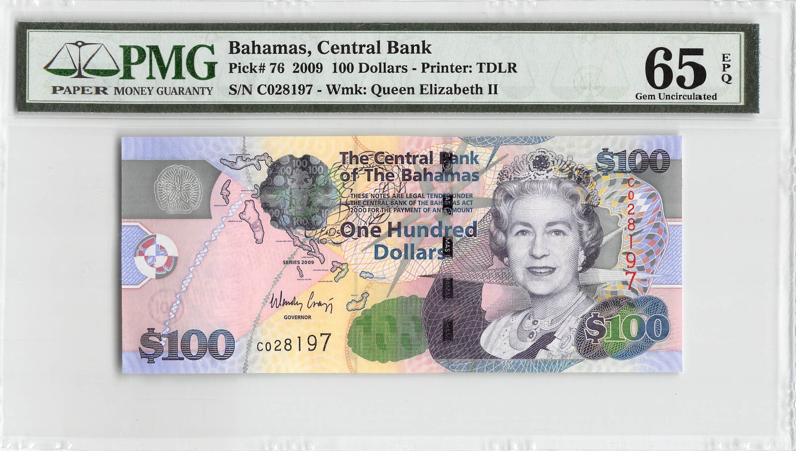 Bahamas  $100  Act. 2000  P 76  PMG 65 EPQ Gem Que. II Uncirculated Banknote VII