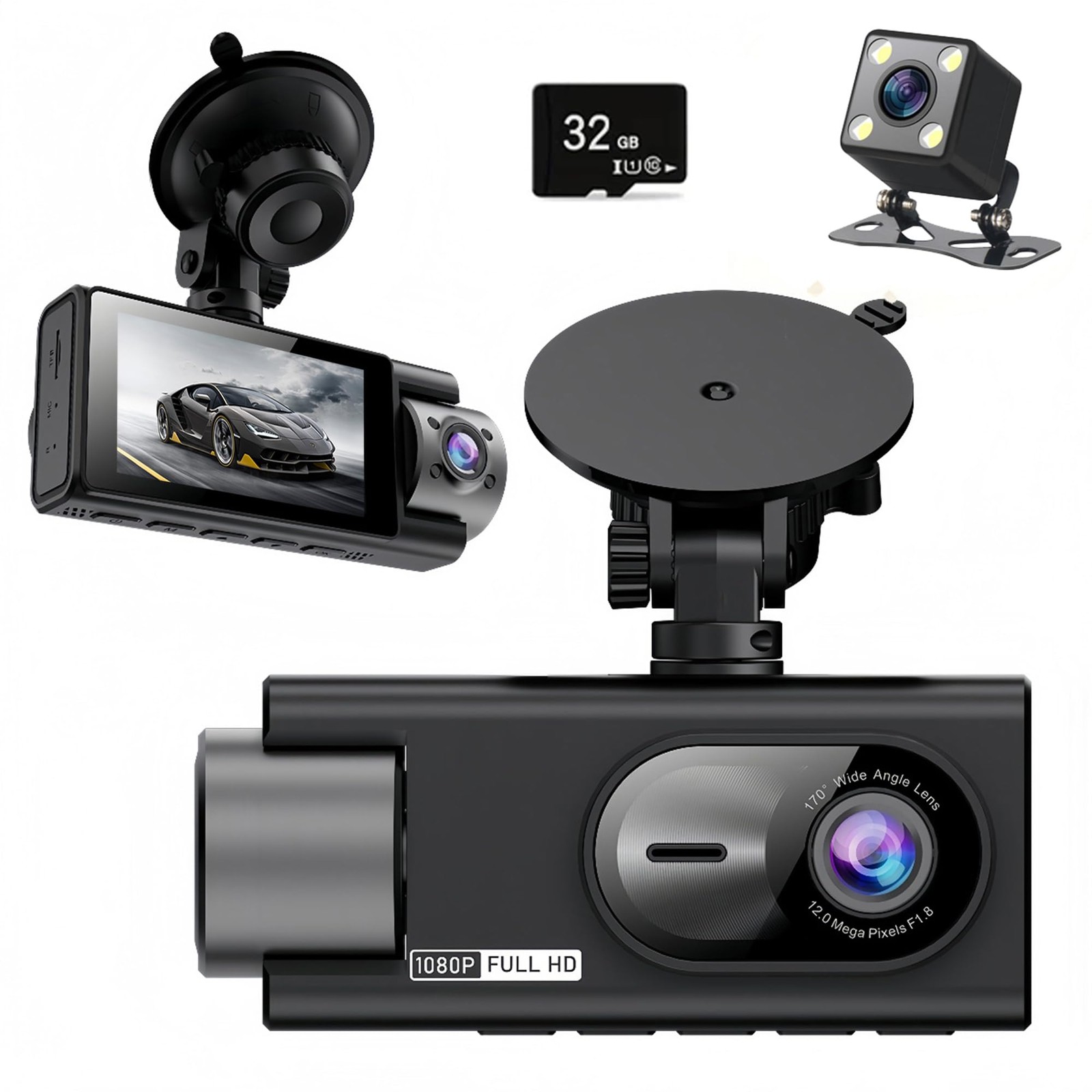3 Channel 360 Dash Cam Front and Rear and Inside with 32G Card,1080P Dash Cam...