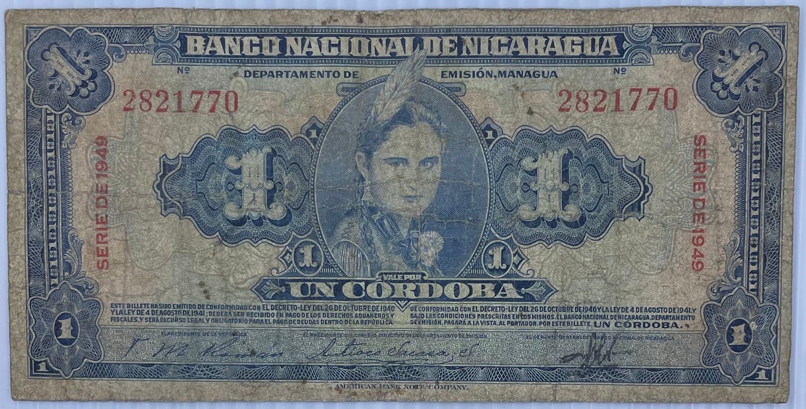 1949 Nicaragua 1 Cordobas P-91a Used World Banknote
