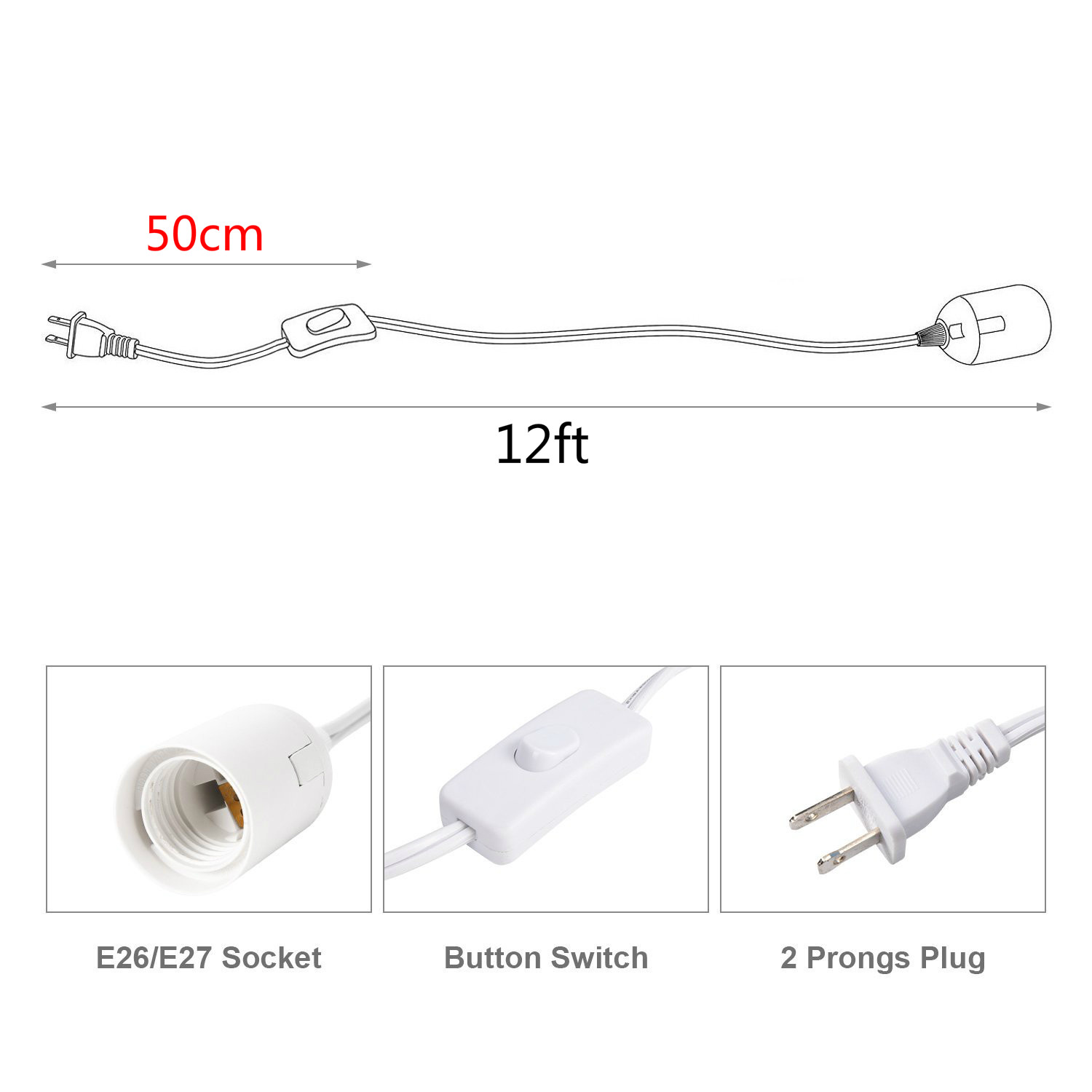 12ft Hanging Light Socket Extension Cord For E26/E27 Pedant Lantern Lights
