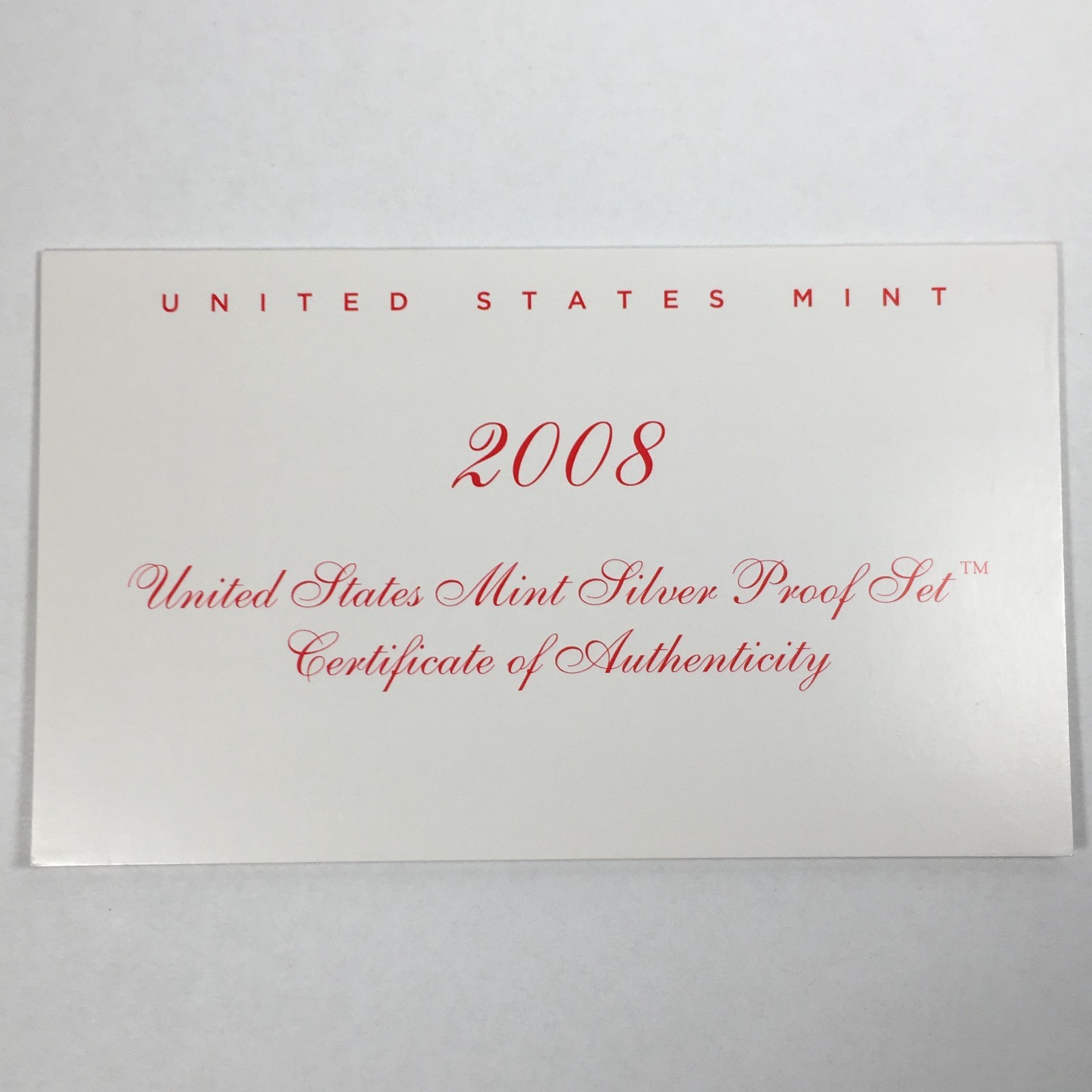 2008 Certificate of Authenticity - COA for Silver Proof Set - COA08SS