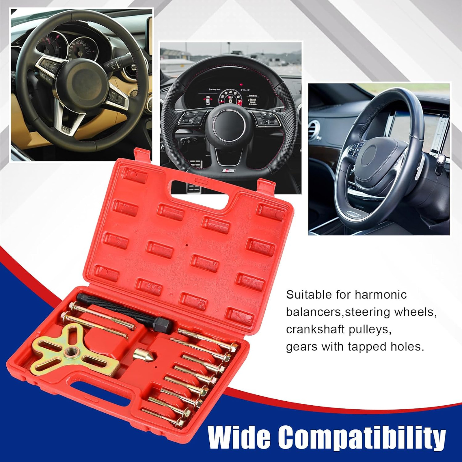 Harmonic Balancer Steering Wheel Puller Kit 13 Pieces Carbon Steel Compatible