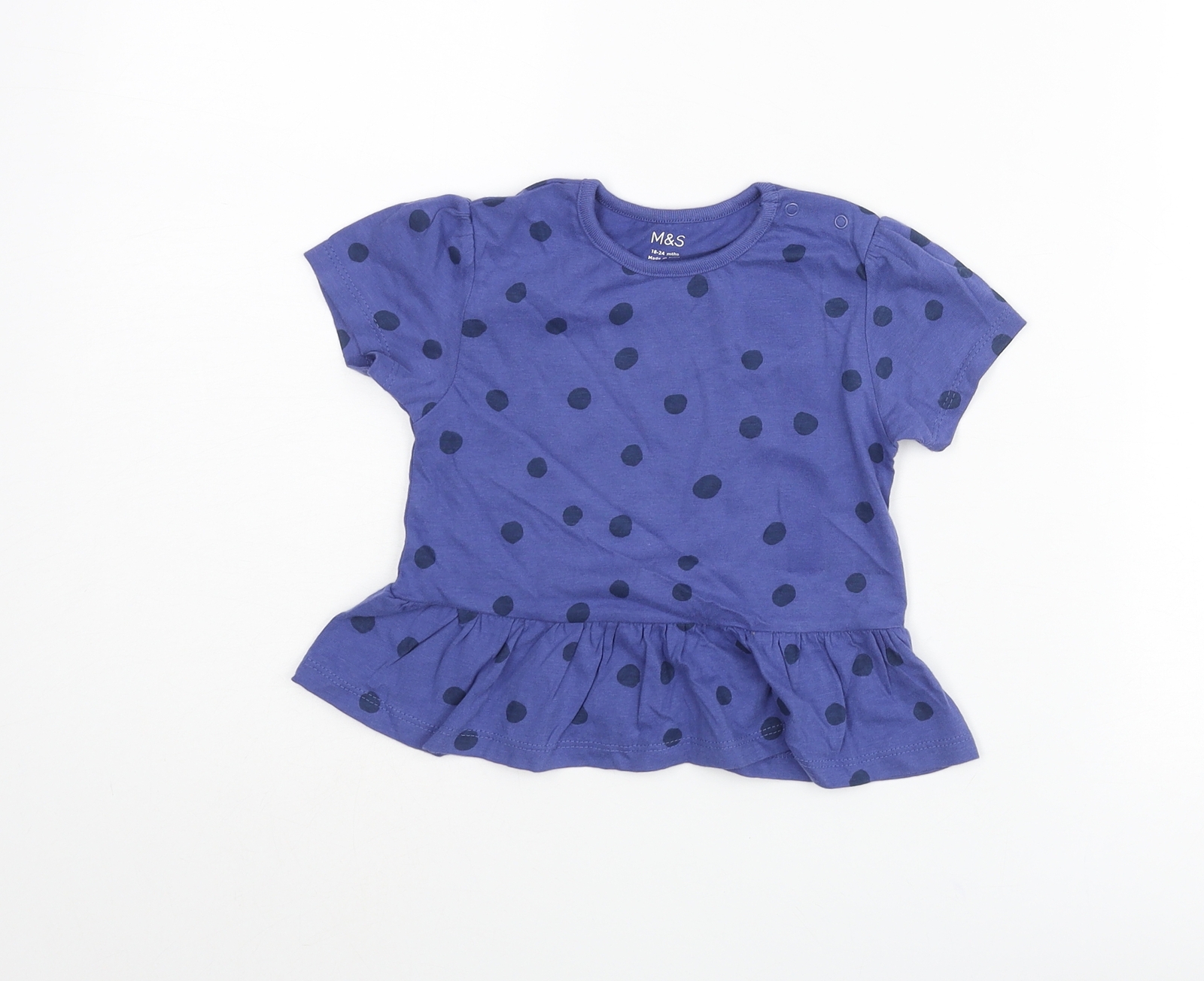 Marks & Spencer Girls Blue Polka Dot Cotton Blend T-Shirt Size 18-24 Months Ro