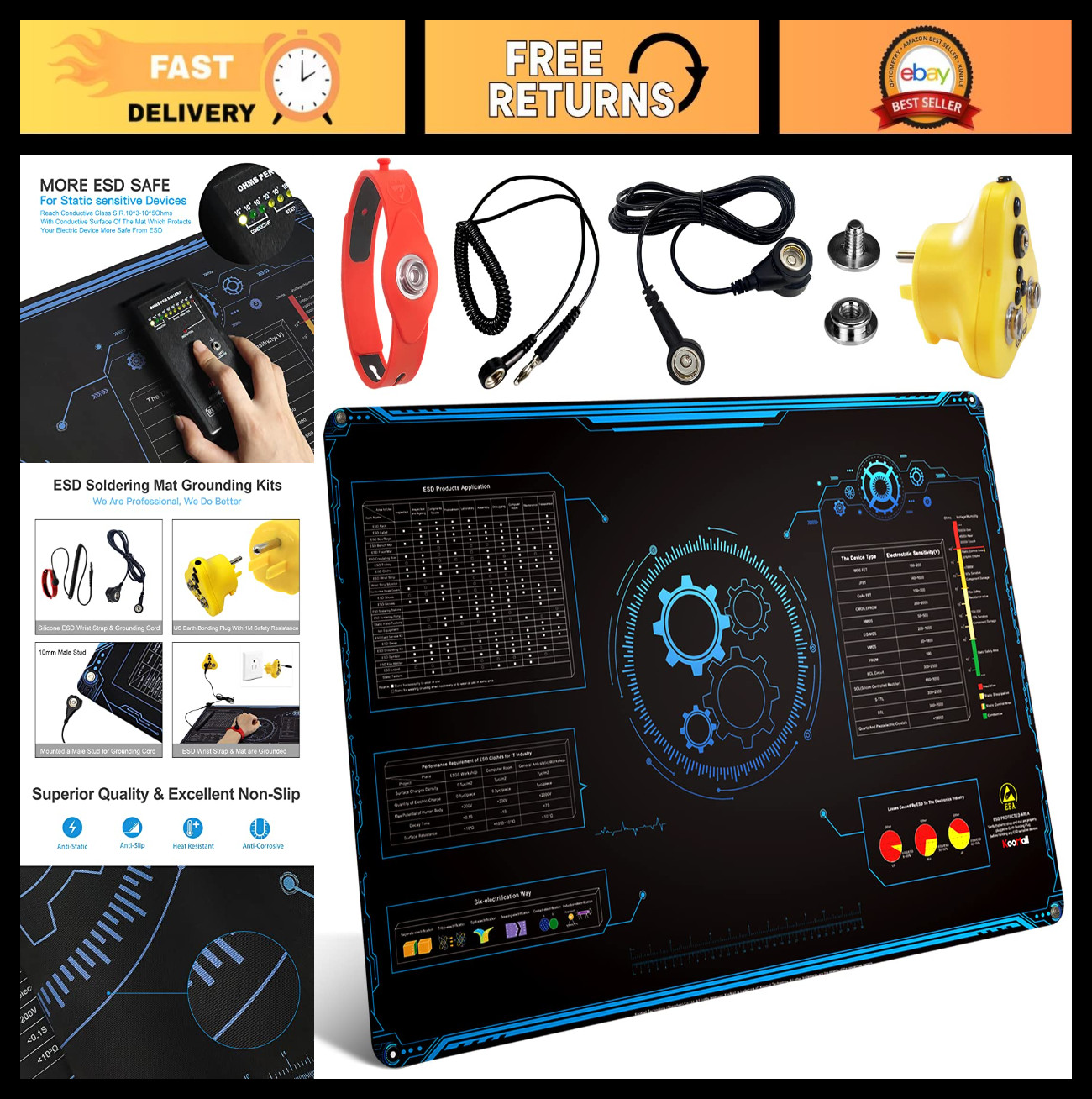 24x16" Anti-Static Rubber Mat Kit for ESD Electronics Repair, Soldering, PC Buil