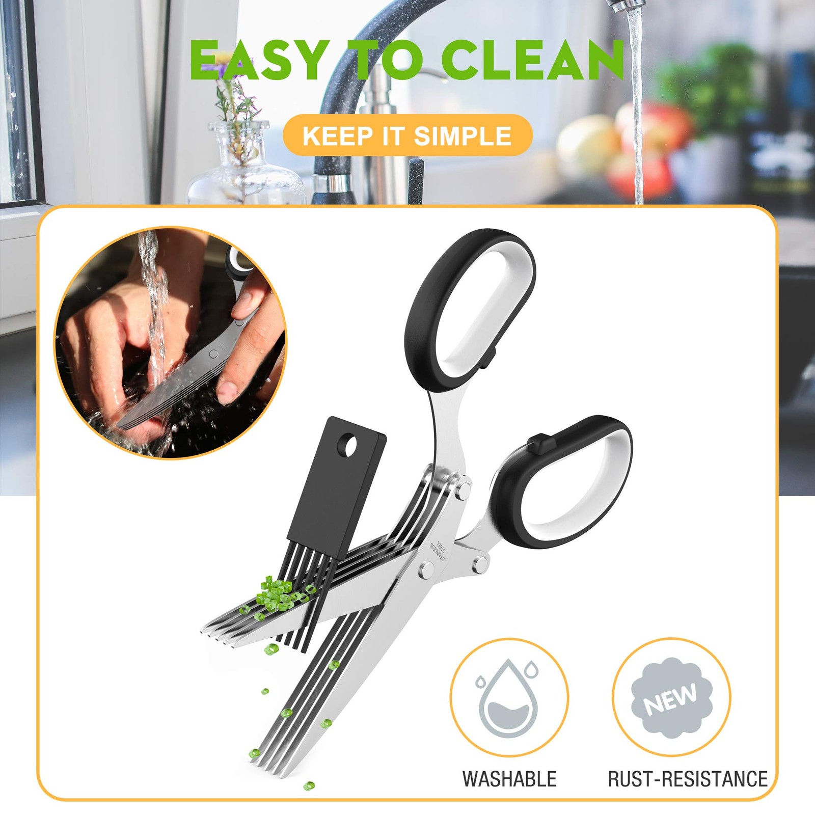 Herb Scissors with 5 Blades and Cover, Kitchen Herb Cutter with Cleaning Comb...
