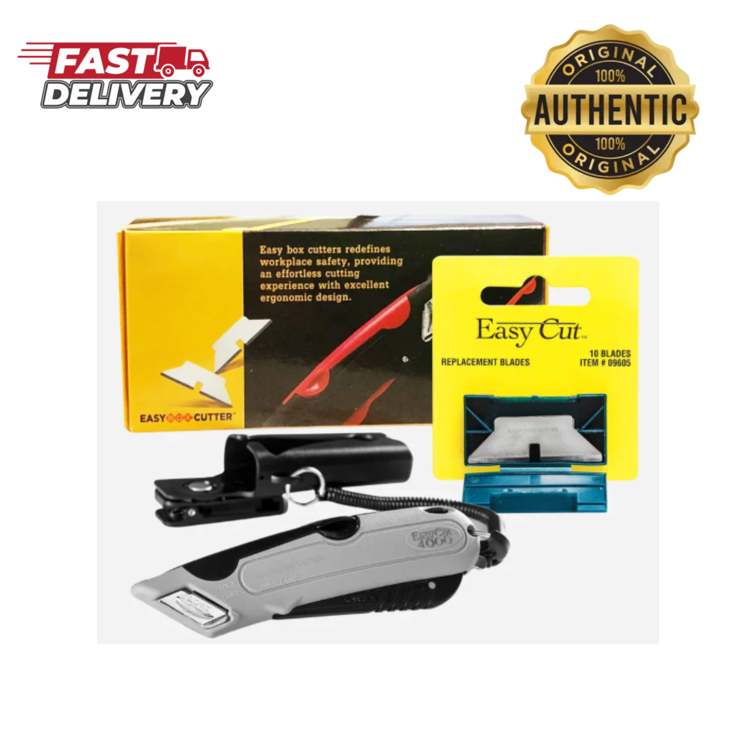 EasyCut 4000 Gray Safety Box Cutter + 10 Blades Self-Retracting Knife