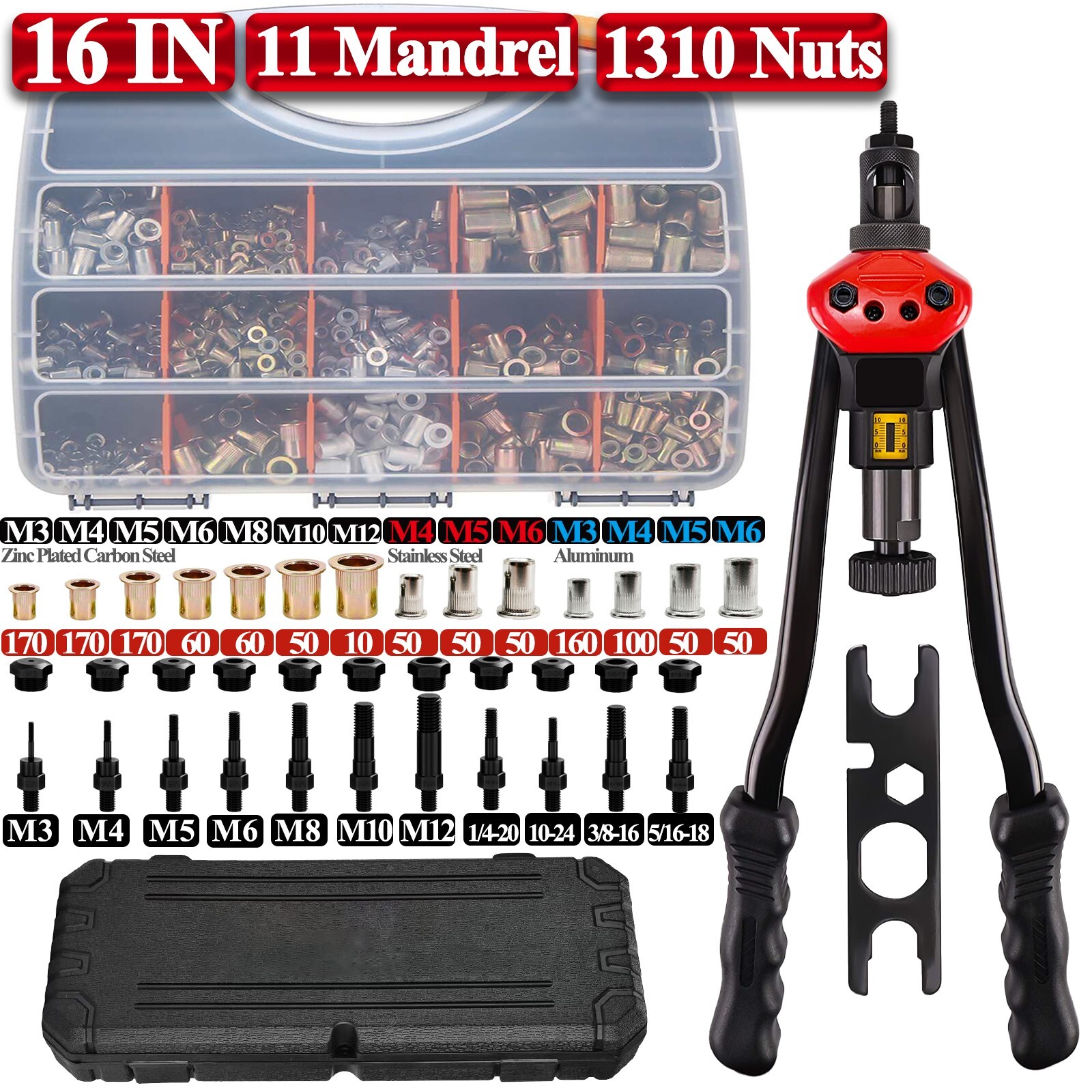 16" Rivet Nut Tool Kit Rivnut Nutsert Setter Thread Insert Tool Metric SAE Nut