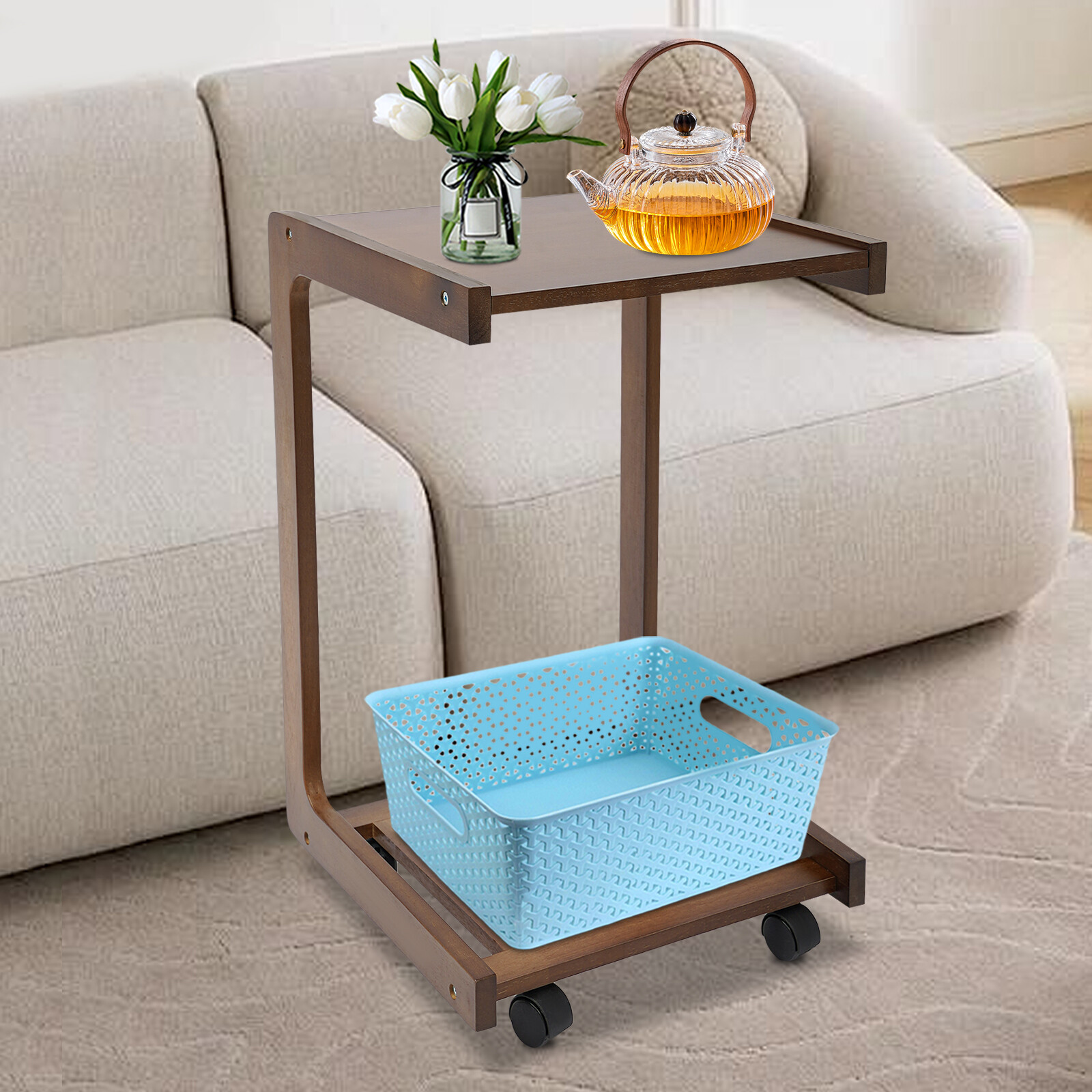 Walnut-colored C-Shaped End Table Side Table w/ 4 Universal Wheels Freestand US