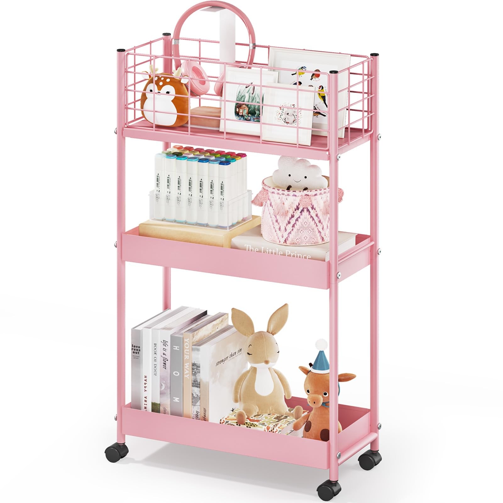 3-Tier Rolling Utility Cart with Wheels Metal Slim Storage Bathroom