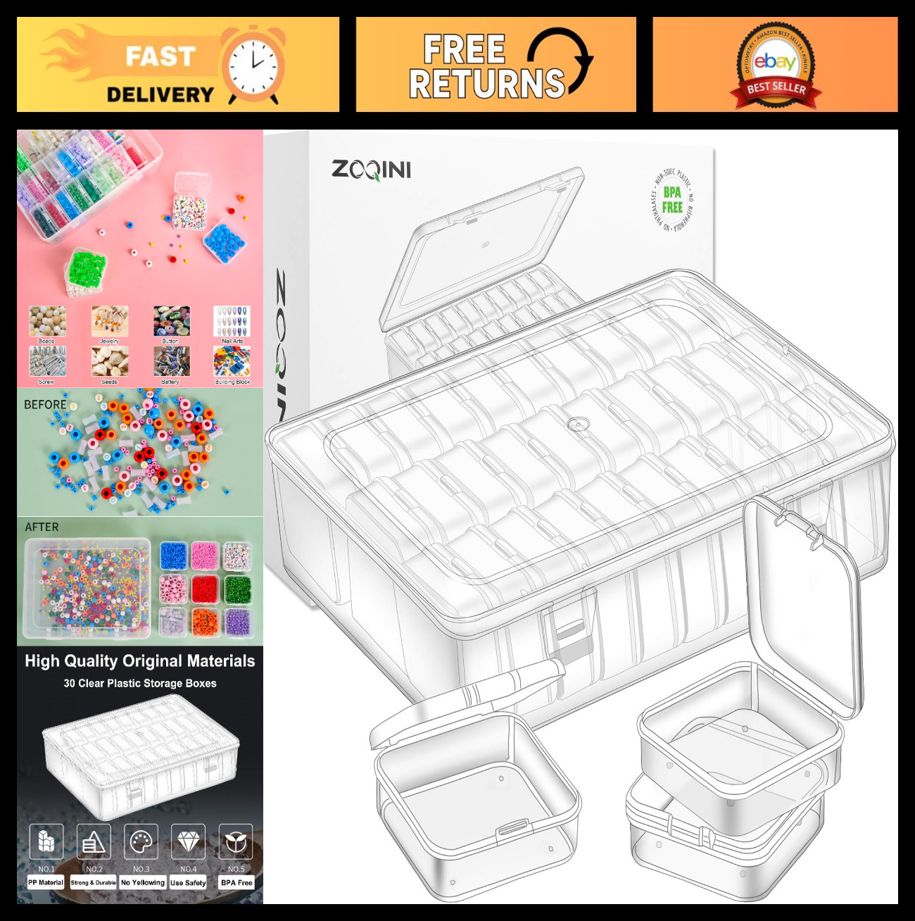 30Pcs Clear Bead Organizer & Storage Box, Craft Containers with Labels for Jewel