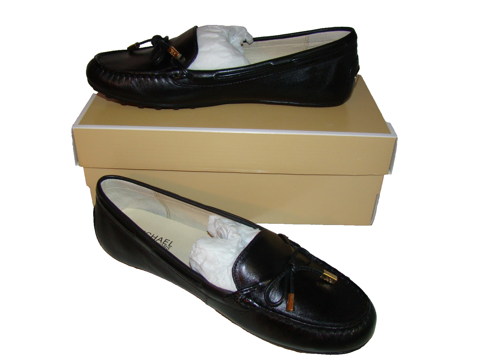 NIB Michael Kors Womens Size 8 Black Leather Moc Toe Bow Loafers Shoes Flats