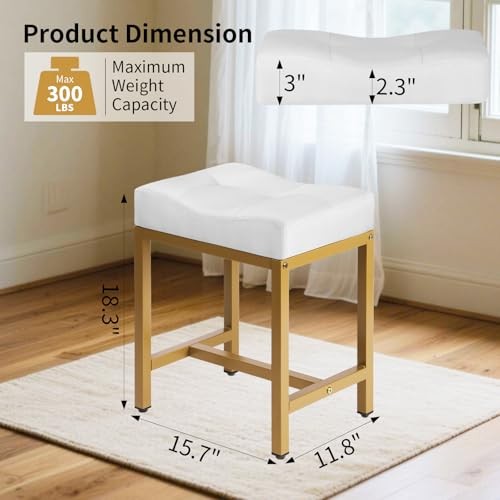 Saddle Seat Vanity Stool, Makeup Stool Chair with Metal Leg, Linen White & Gold