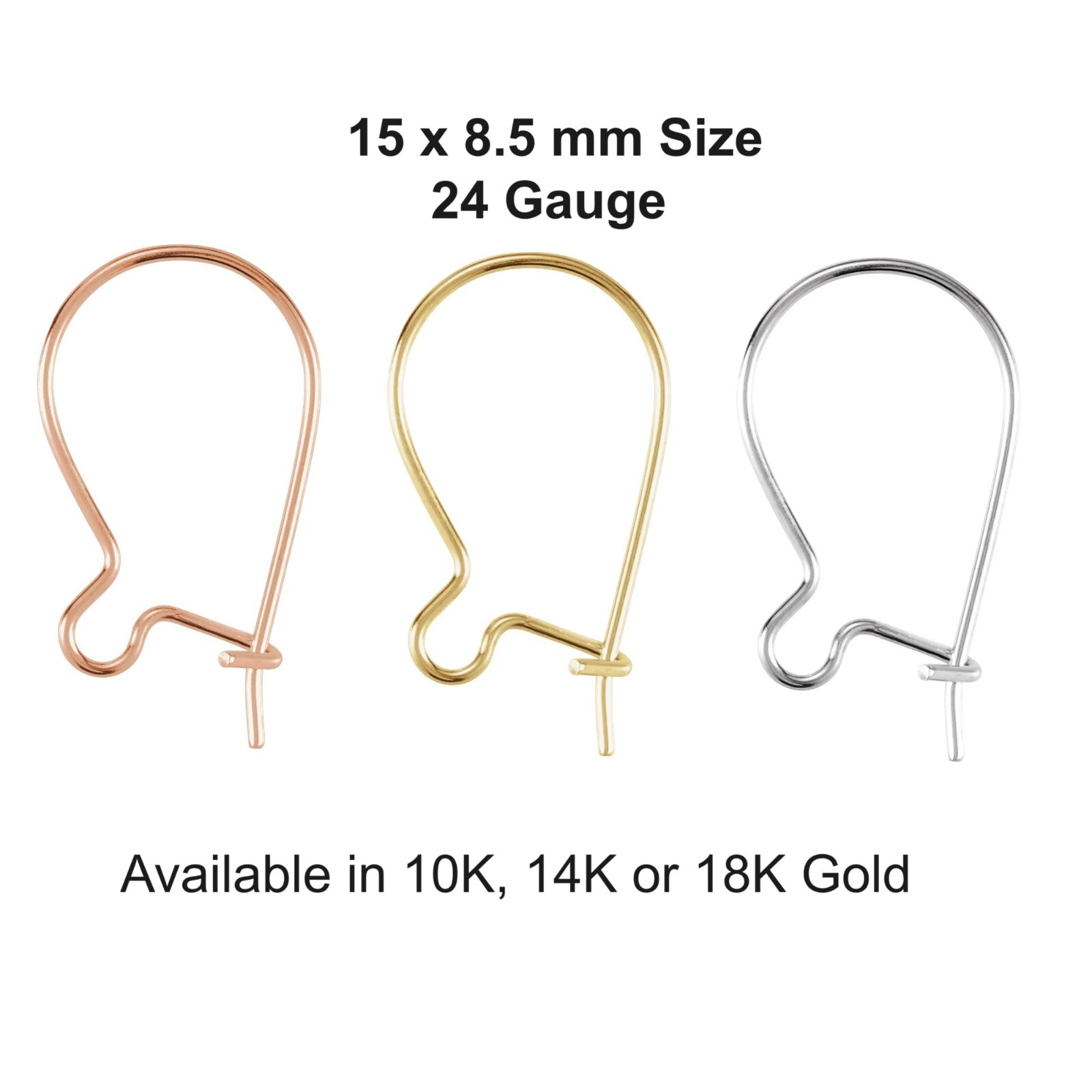 10K 14K 18K Solid Gold or Silver Plain Kidney Ear Wires Hooks 15x8.5 mm w/Ring
