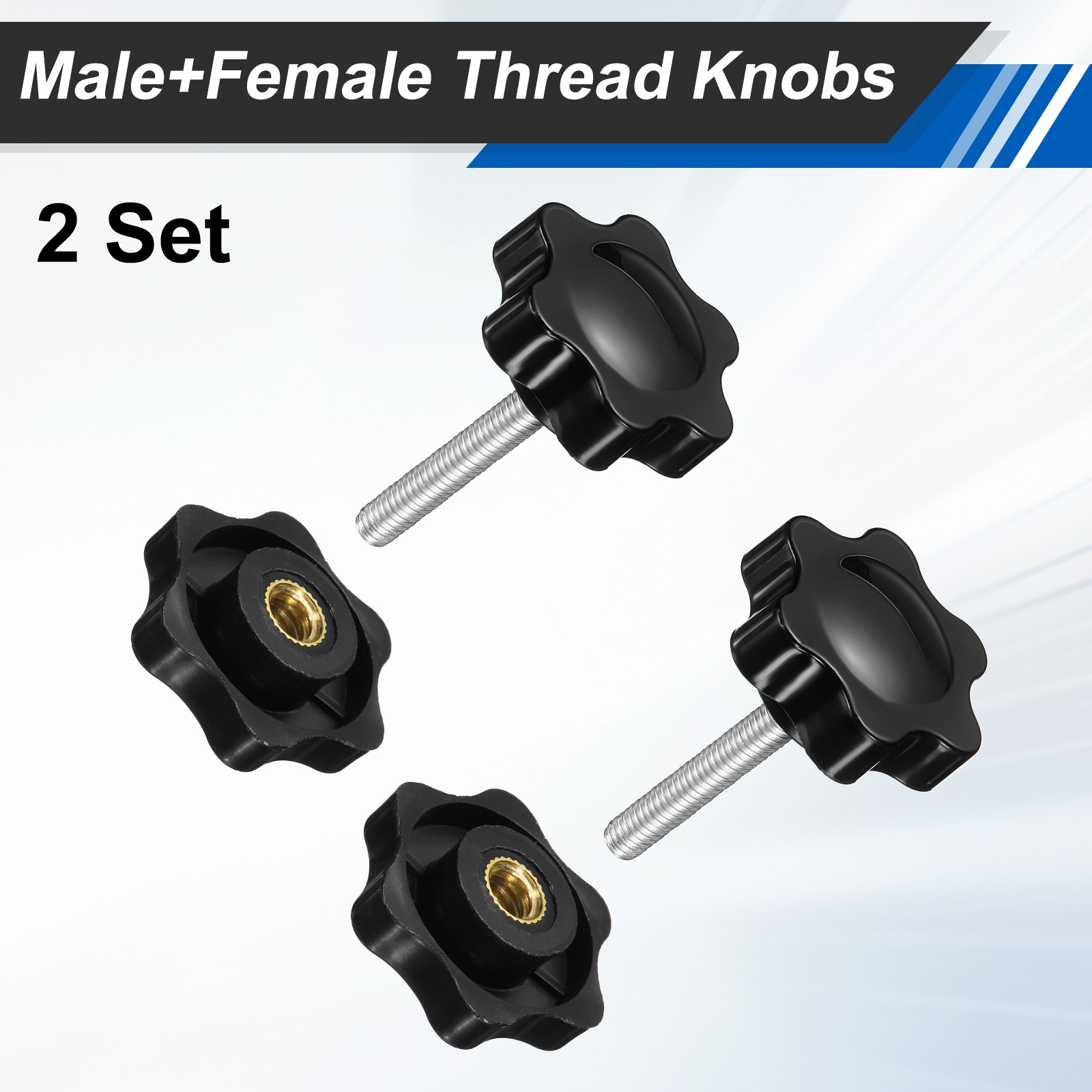 2 Set Star Knobs M4 x 50mm Male + M4 Female Thread 25mm Head Handles, Black