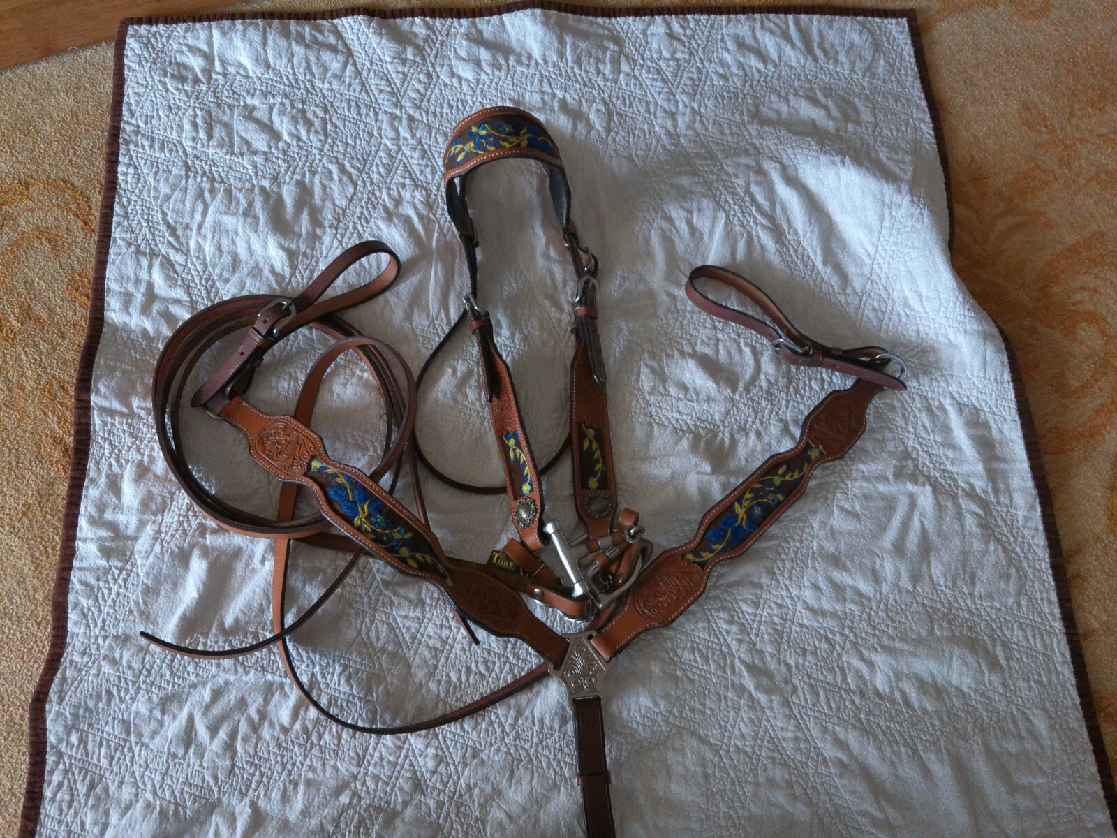 Blue & gold embroidered Leather Horse Tack Set Bridle, Bit, Breast Collar, reins