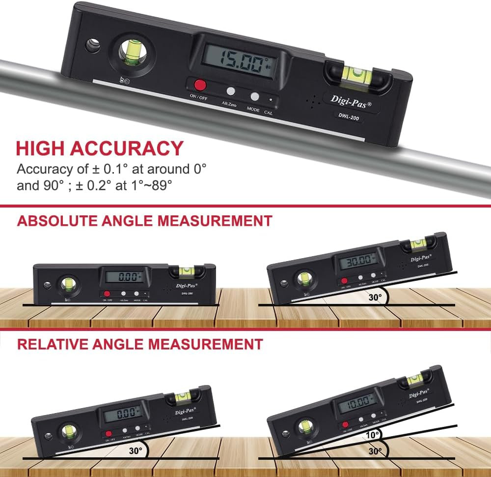 DWL200 Electronic Torpedo Level, Protractor, Angle Gauge, Angle Finder, Bevel Ga