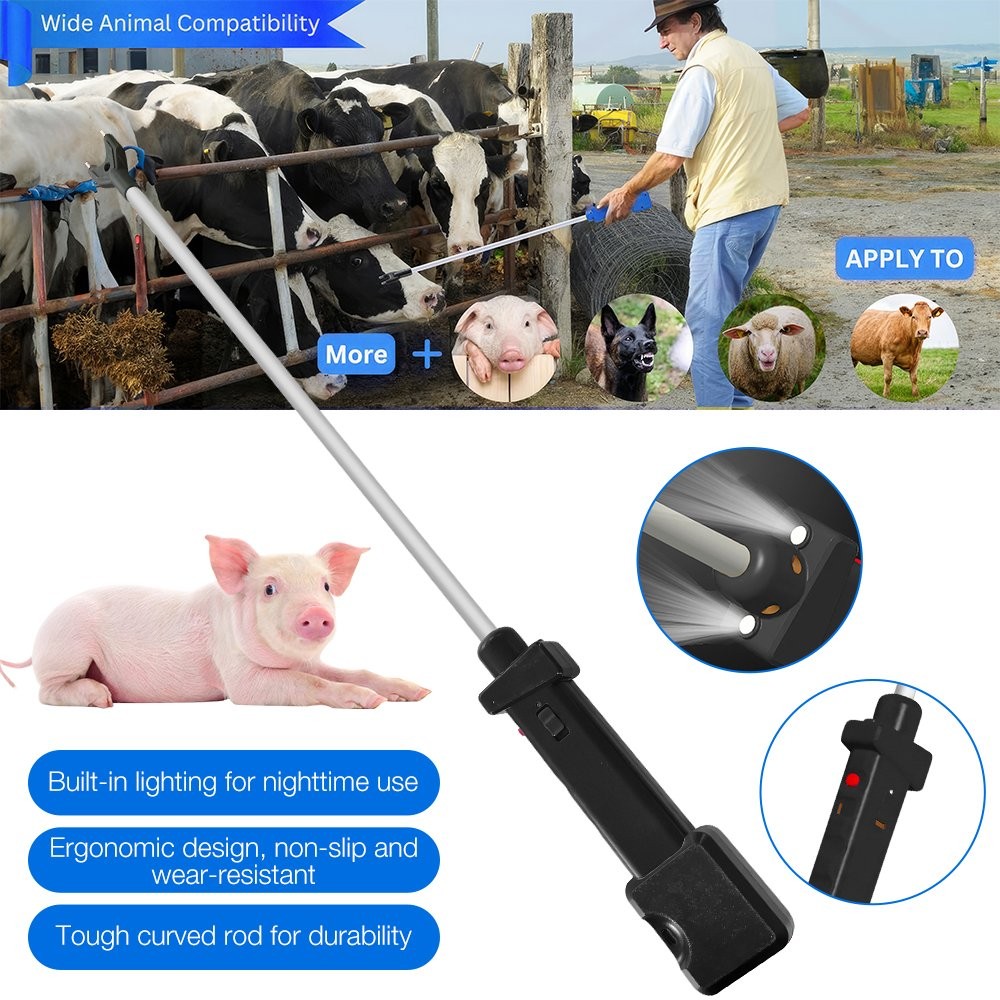 Black Rechargeable Cattle Prod, Waterproof Livestock Prod with 2 LED Lights
