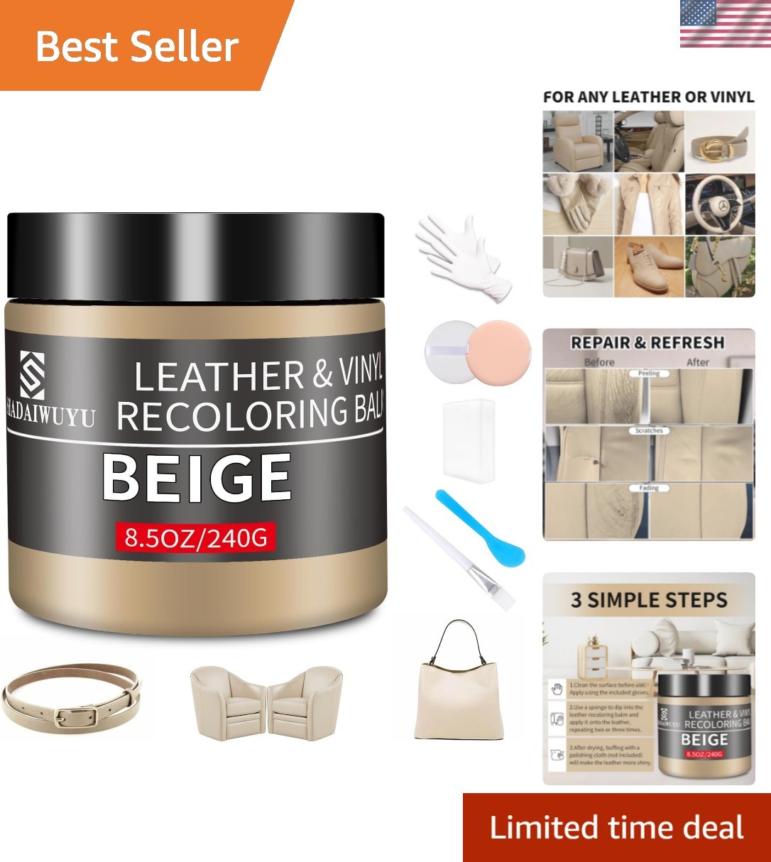 Leather Recoloring Balm,8.5oz Leather Color Restorer,Beige Leather Repair kit...