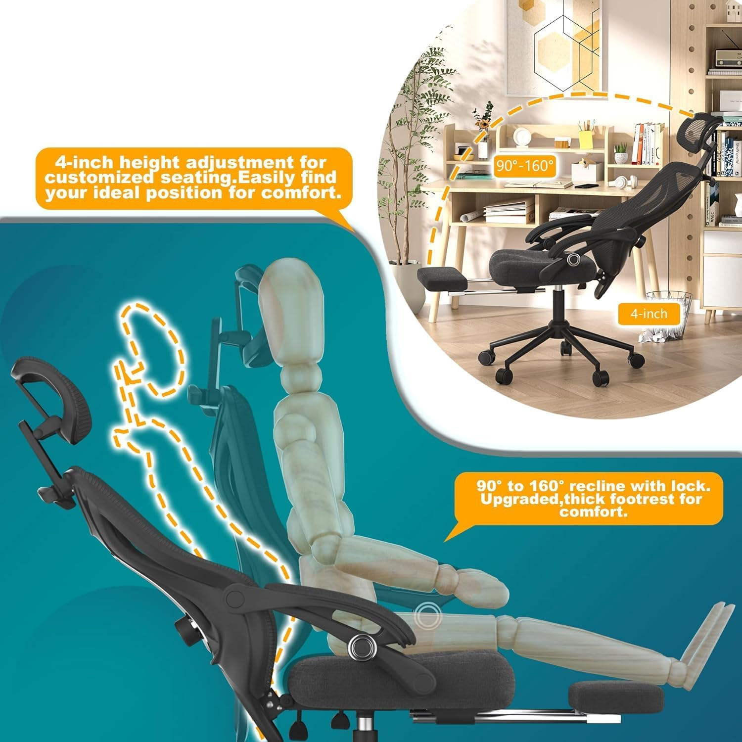 Ergonomic Office Chair with Footrest - Adjustable Lumbar Support & Headrest, 90-