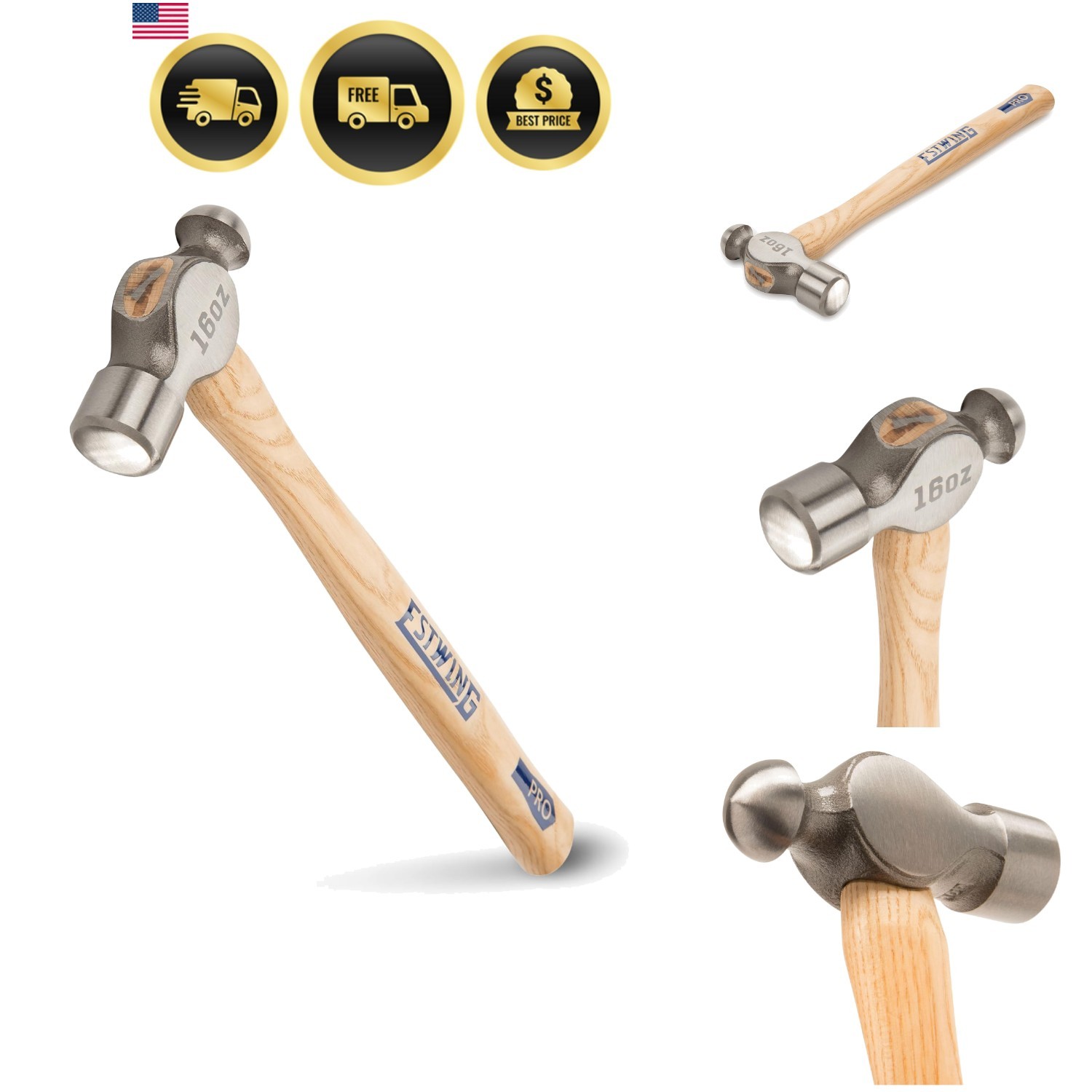 Sure Strike Ball Peen Hammer - 16 oz Metalworking Tool with Forged Steel Head...