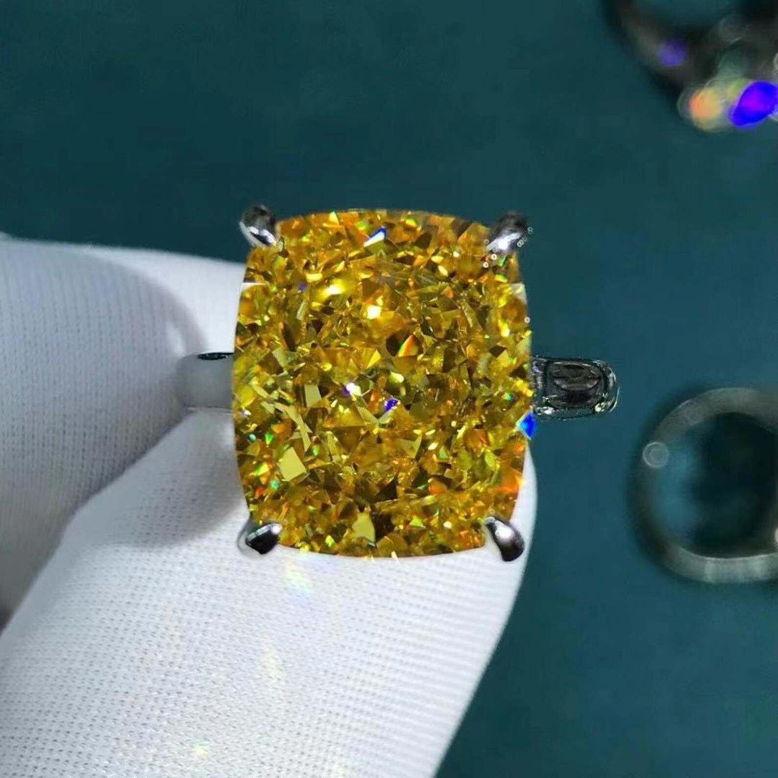 8 Ct Cushion Cut Natural Yellow Sapphire Diamond Ring Gift 14K White Gold Size 5