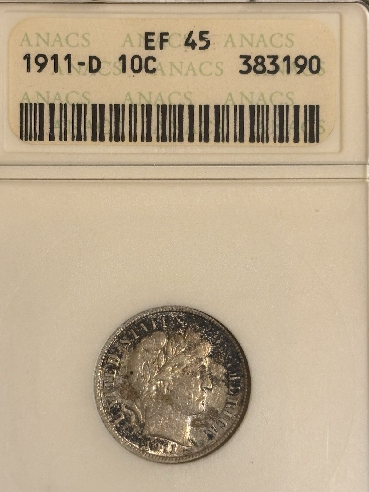 1911 D Barber Dime Old Anacs Soapbox EF45