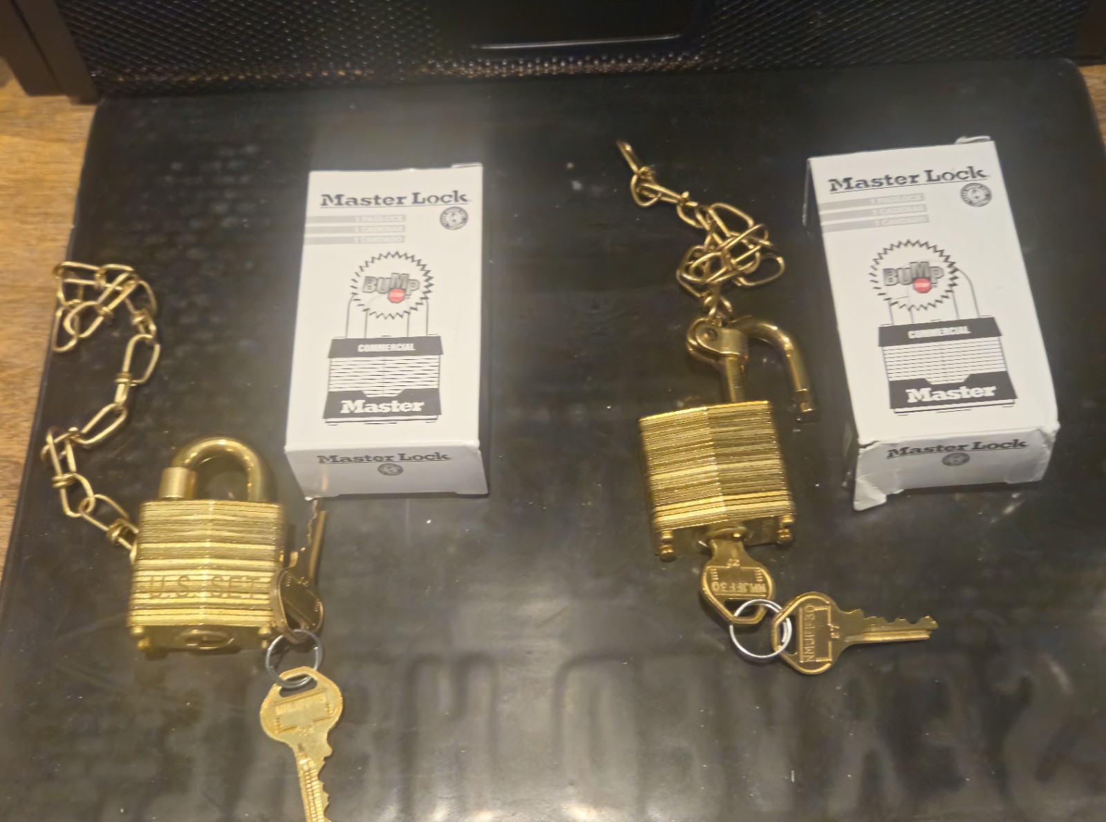 Master Lock Commercial Keyed Different Bump Stop 2 Pack Shackled Brass W/Chain