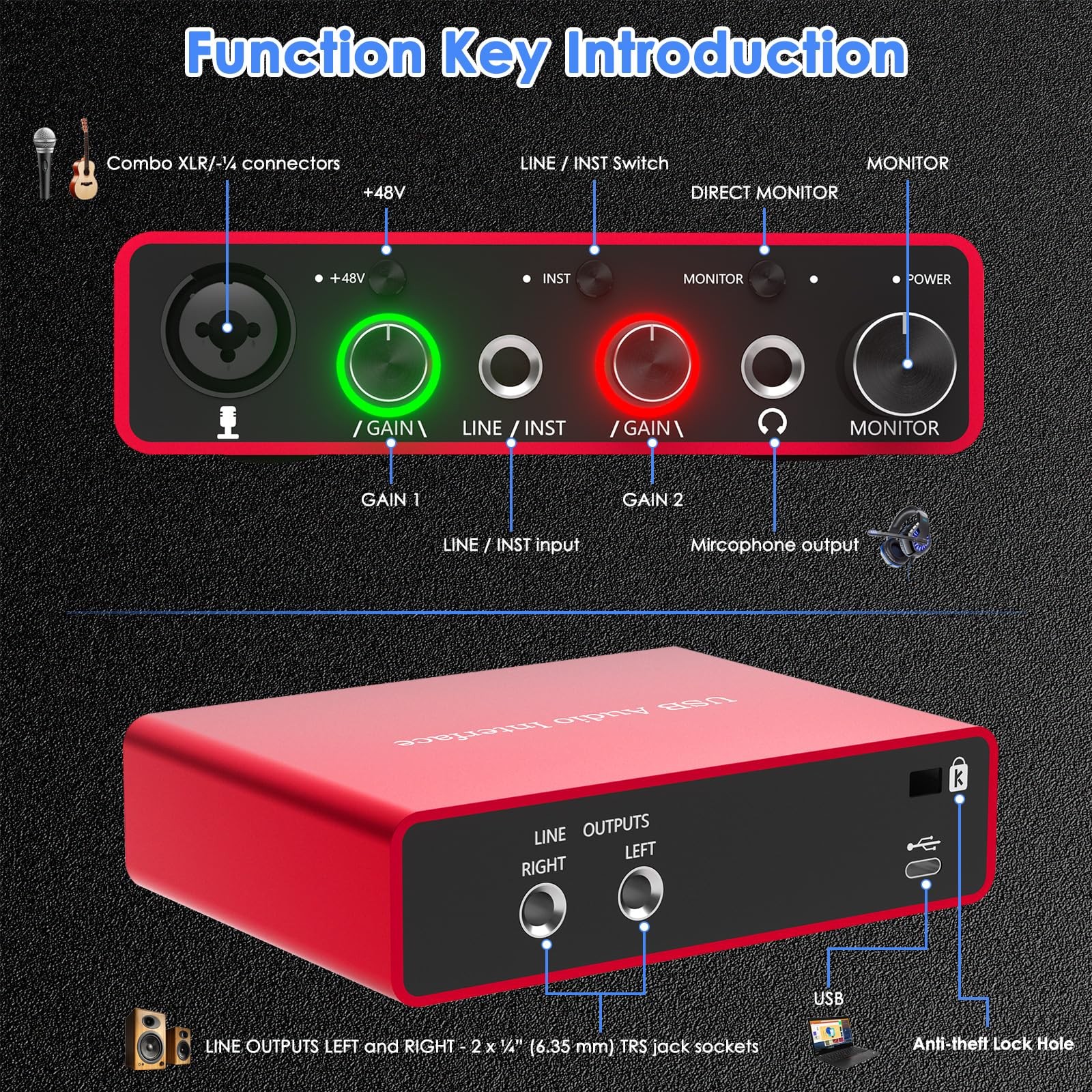 24Bit/192kHz USB Audio Interface with 48V Phantom Power - Studio Recording for M