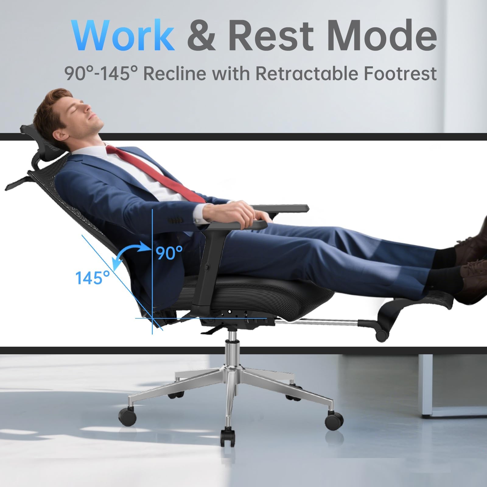 Ergonomic Office Chair with Footrest, 145° Reclining, Adjustable Lumbar & Hea...