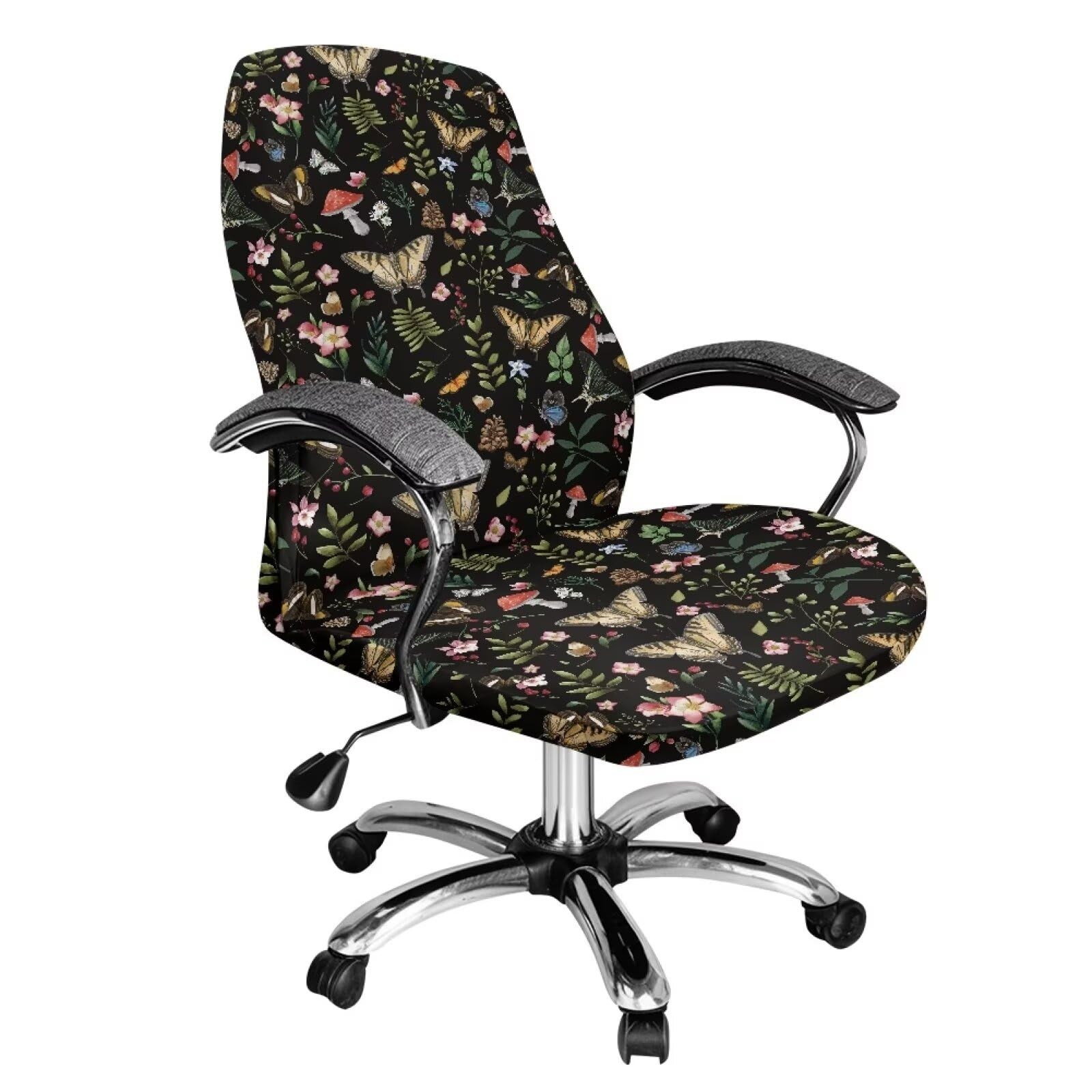 Butterfly Flower Print Office Chair Cover Jacquard Armrest Swivel Chair Slipc...