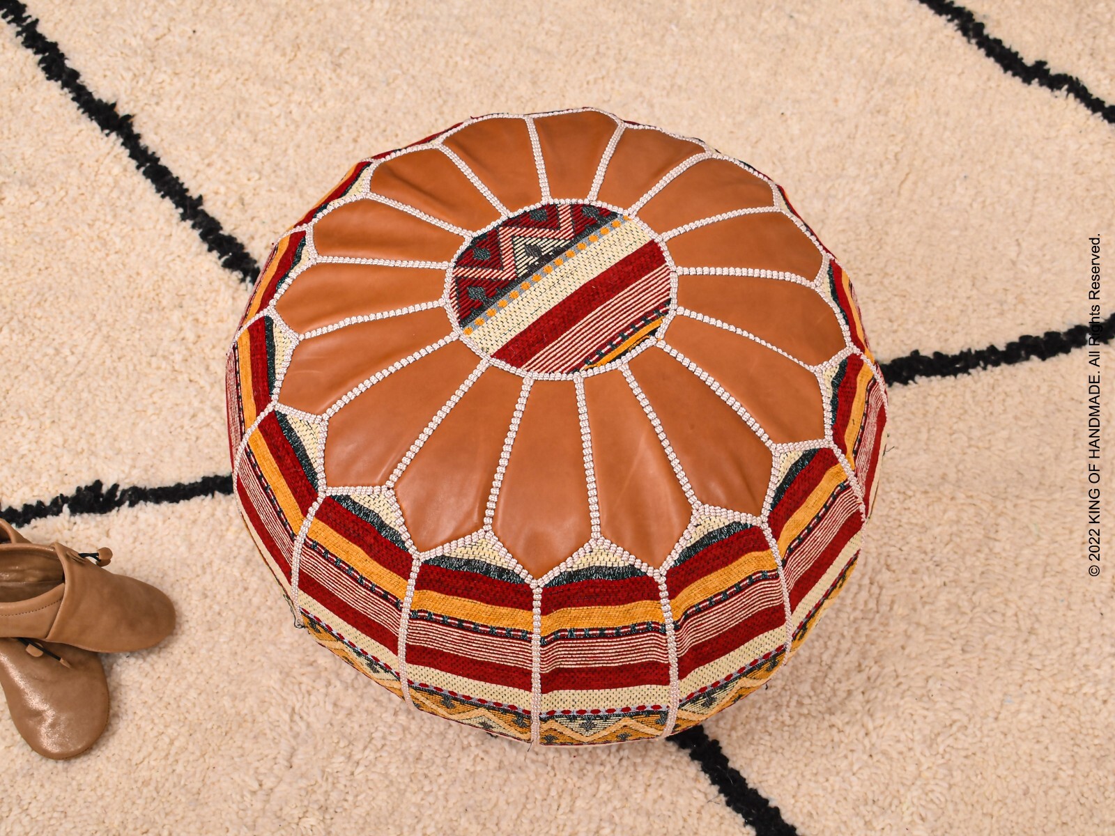 Moroccan Handmade Genuine Leather Boho Pouf Ottoman Footstool Pouffe TAN