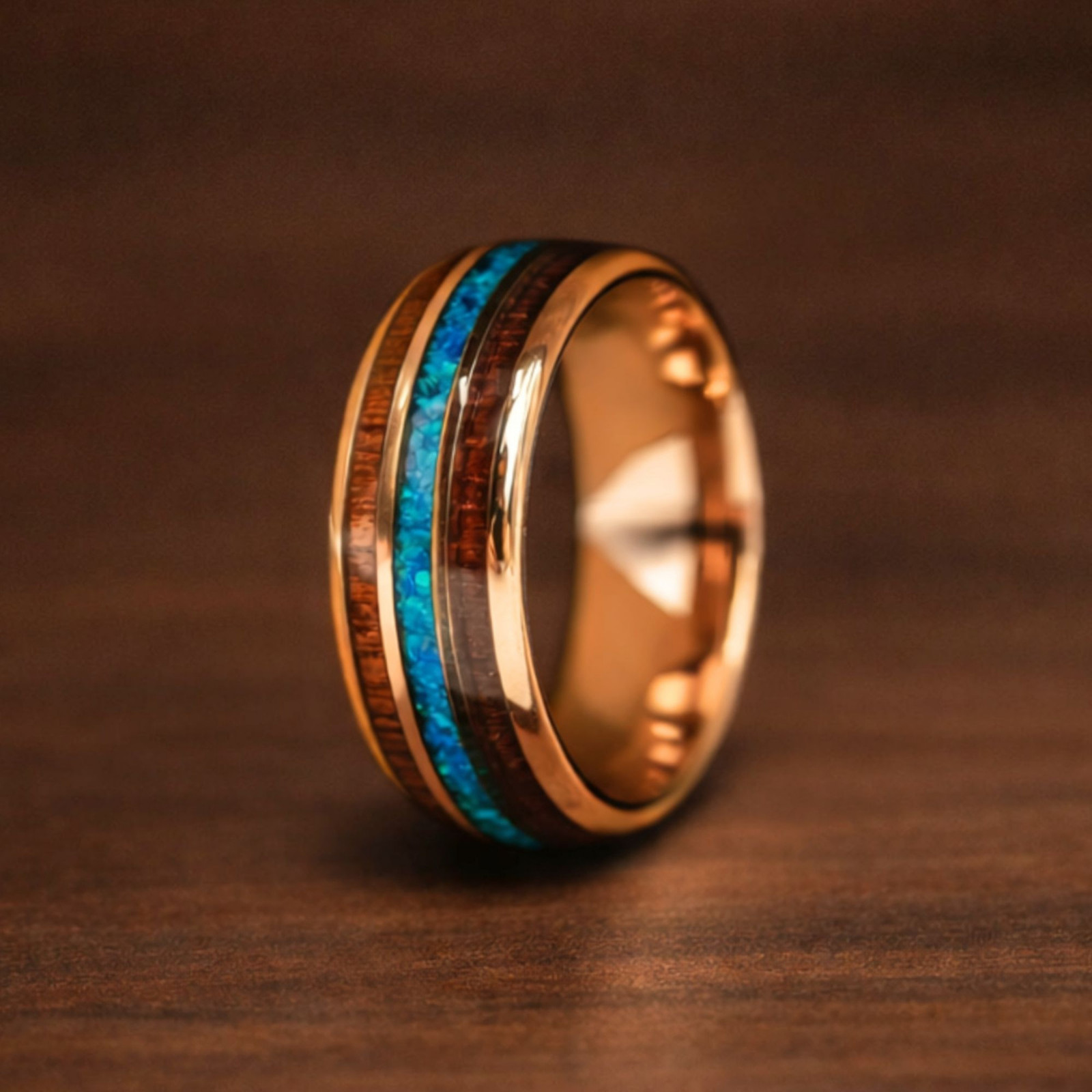 Rose Gold Tungsten Men’s Wedding Band – Blue Opal & Koa Wood Inlay, 8mm