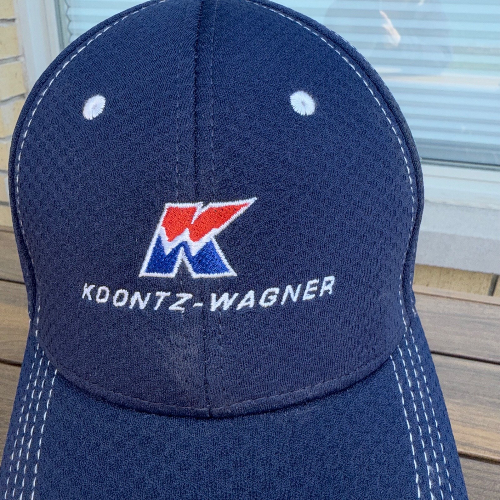 Koontz-Wagner RWb K Logo Letters on Navy Blue Hat Cap Hook Loop Top Stitch EUC