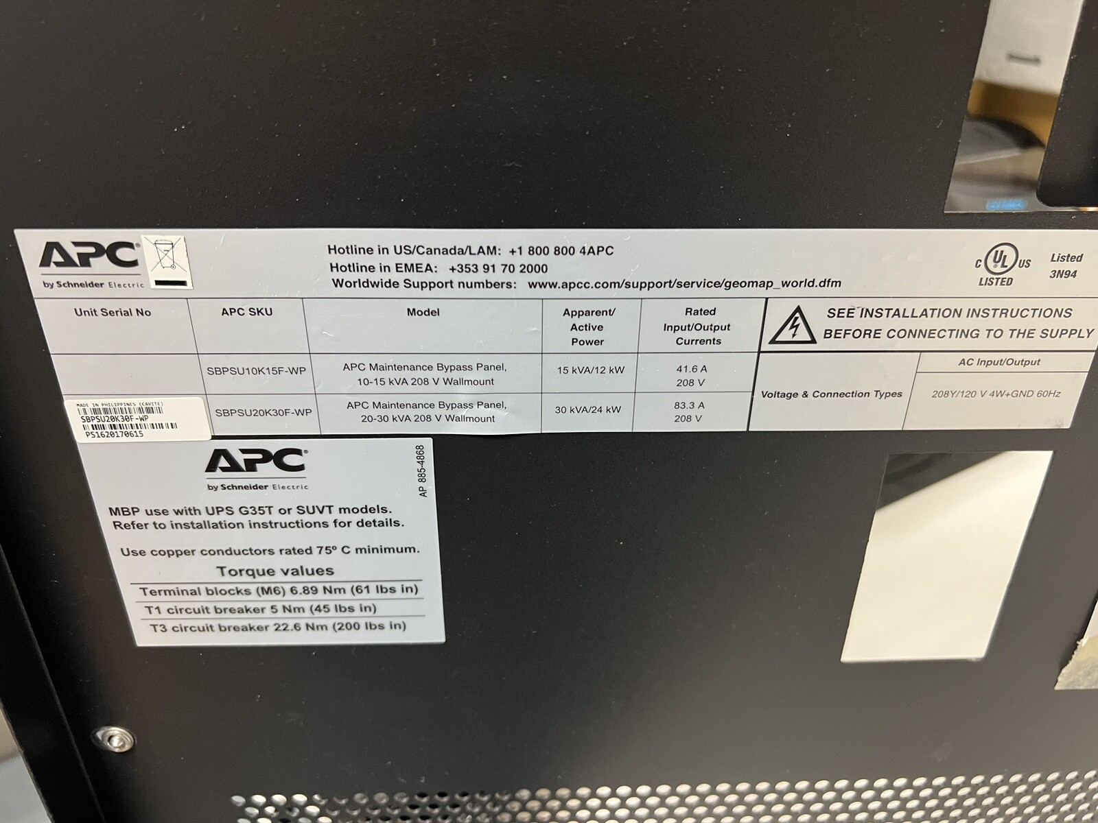 APC SBPSU20K30F-WP Maintenance Bypass Panel 20-30kVA 208V Wallmount